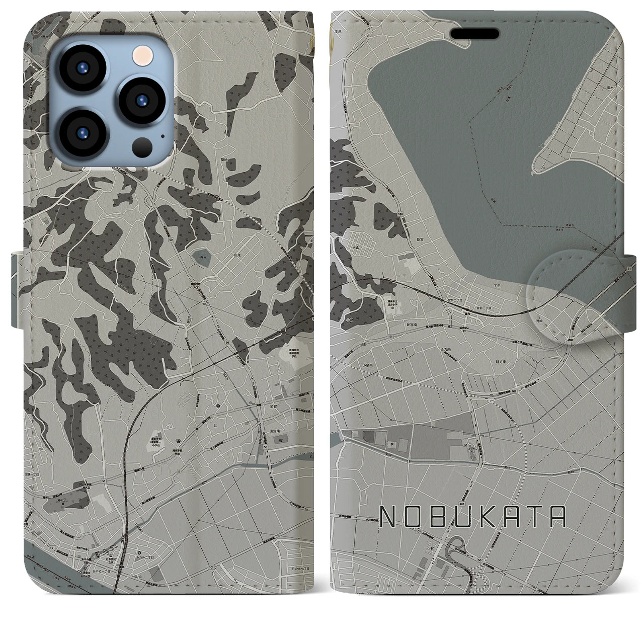 【延方(茨城県)】地図柄iPhoneケース(手帳タイプ)モノトーン・iPhone 13 Pro Max 用