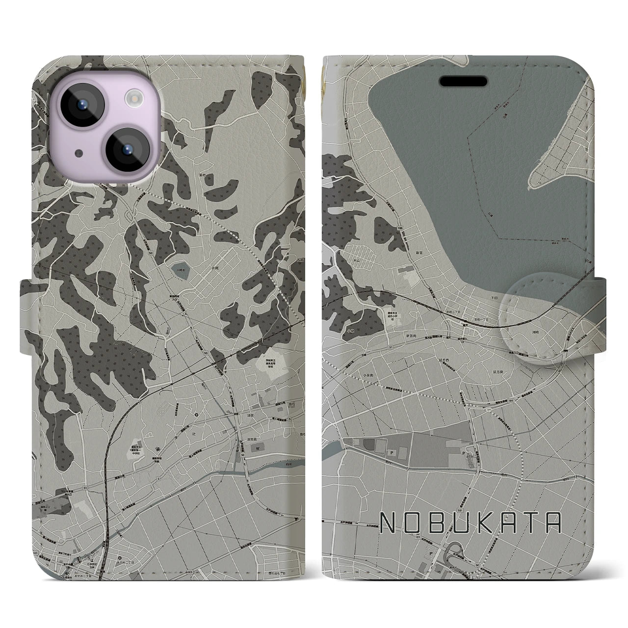【延方(茨城県)】地図柄iPhoneケース(手帳タイプ)モノトーン・iPhone 14 用