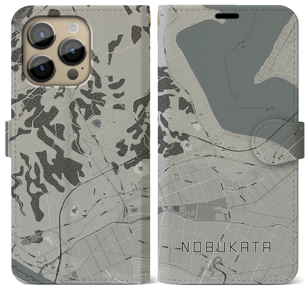 【延方(茨城県)】地図柄iPhoneケース(手帳タイプ)モノトーン・iPhone 14 Pro Max 用