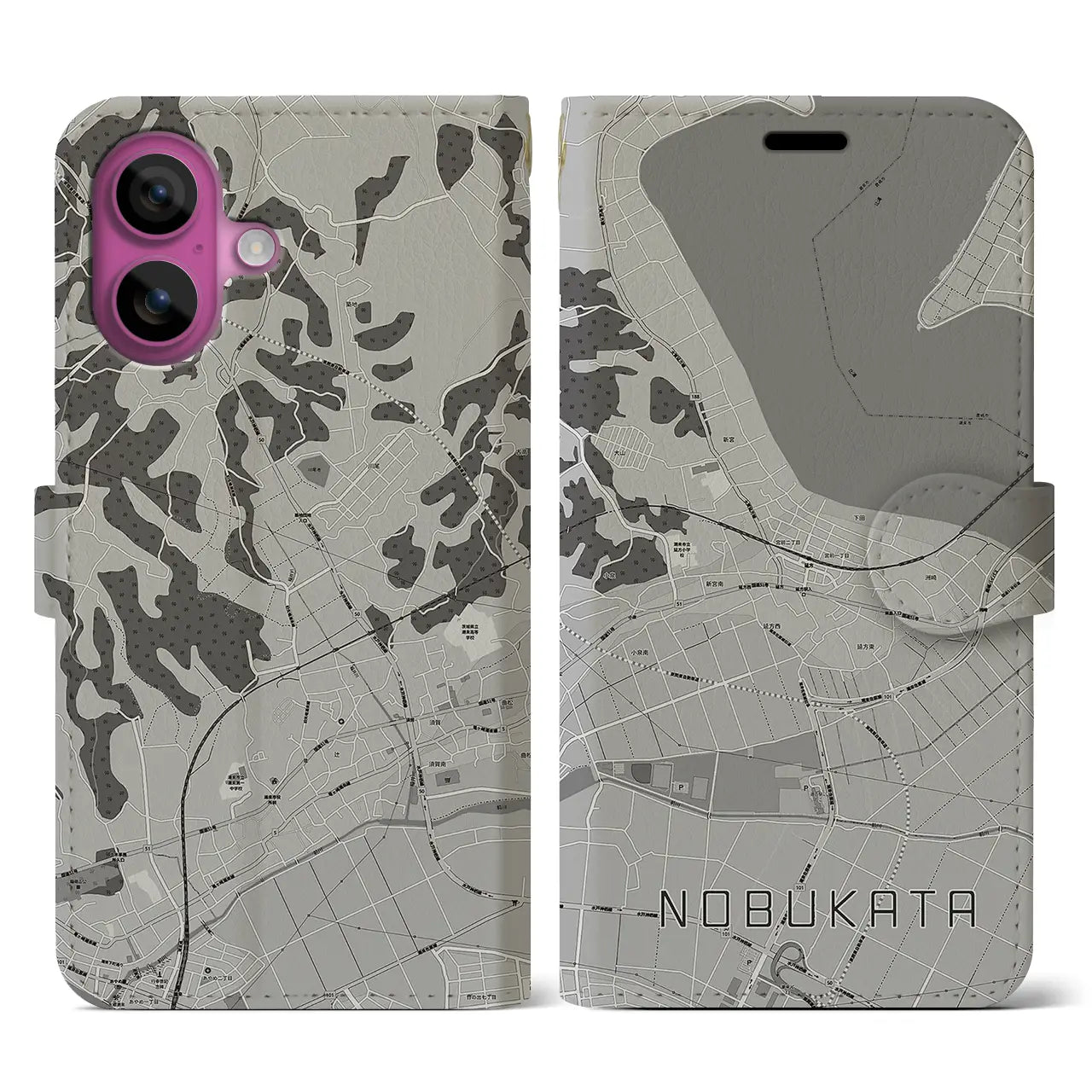 【延方(茨城県)】地図柄iPhoneケース(手帳タイプ)モノトーン・iPhone 16 Pro 用