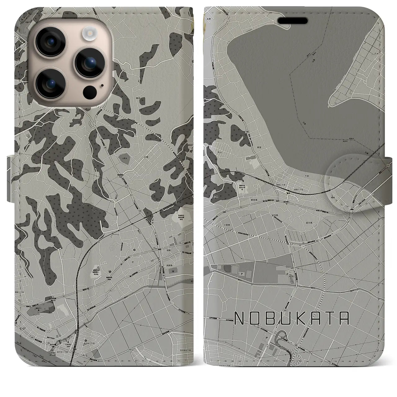 【延方(茨城県)】地図柄iPhoneケース(手帳タイプ)モノトーン・iPhone 16 Plus 用