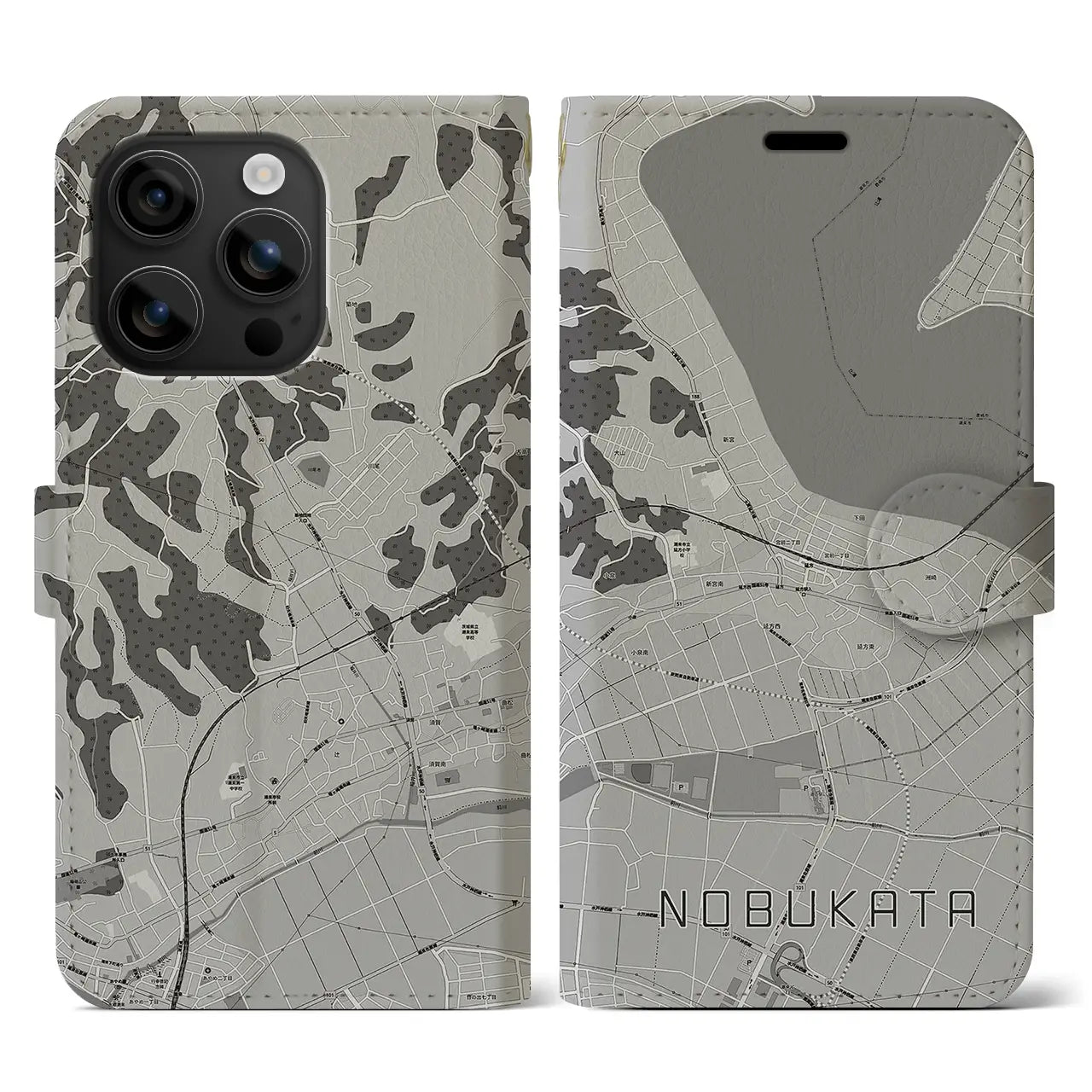 【延方(茨城県)】地図柄iPhoneケース(手帳タイプ)モノトーン・iPhone 16 用