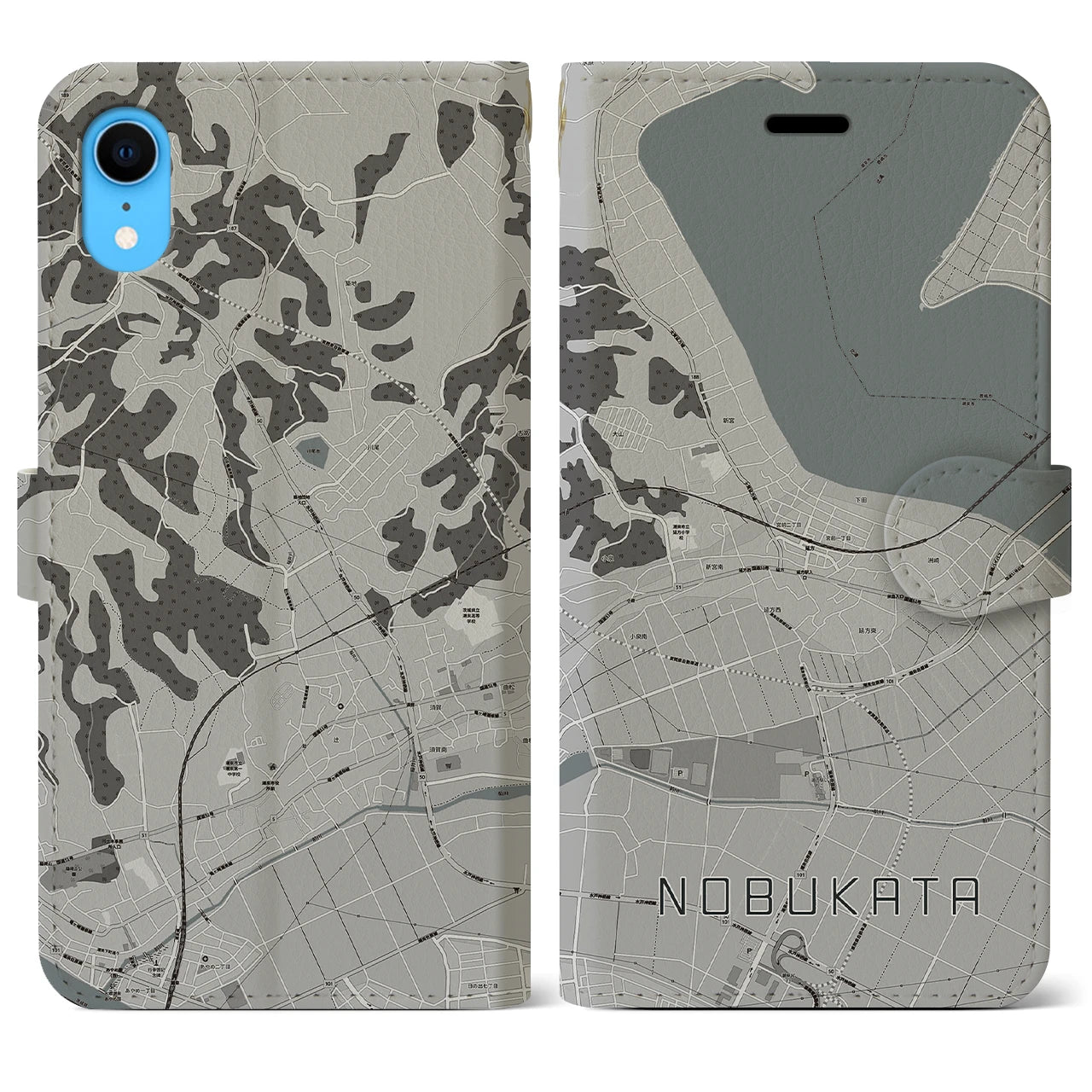 【延方(茨城県)】地図柄iPhoneケース(手帳タイプ)モノトーン・iPhone XR 用