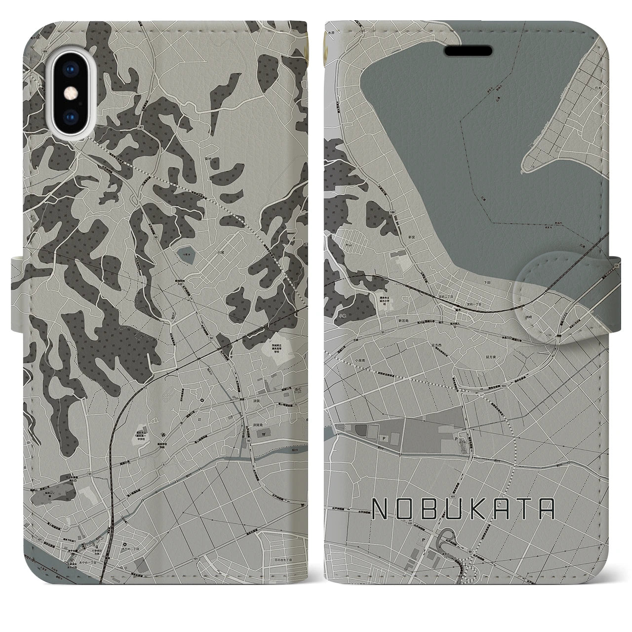 【延方(茨城県)】地図柄iPhoneケース(手帳タイプ)モノトーン・iPhone XS Max 用