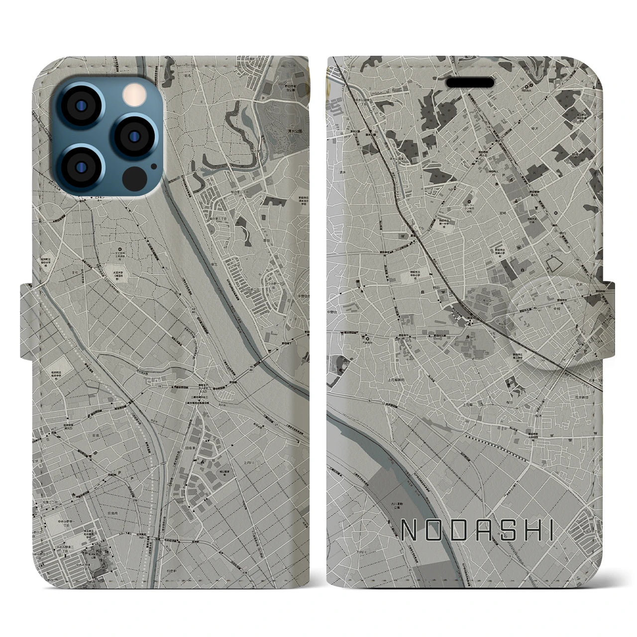 【野田市(千葉県)】地図柄iPhoneケース(手帳タイプ)モノトーン・iPhone 12 / 12 Pro 用