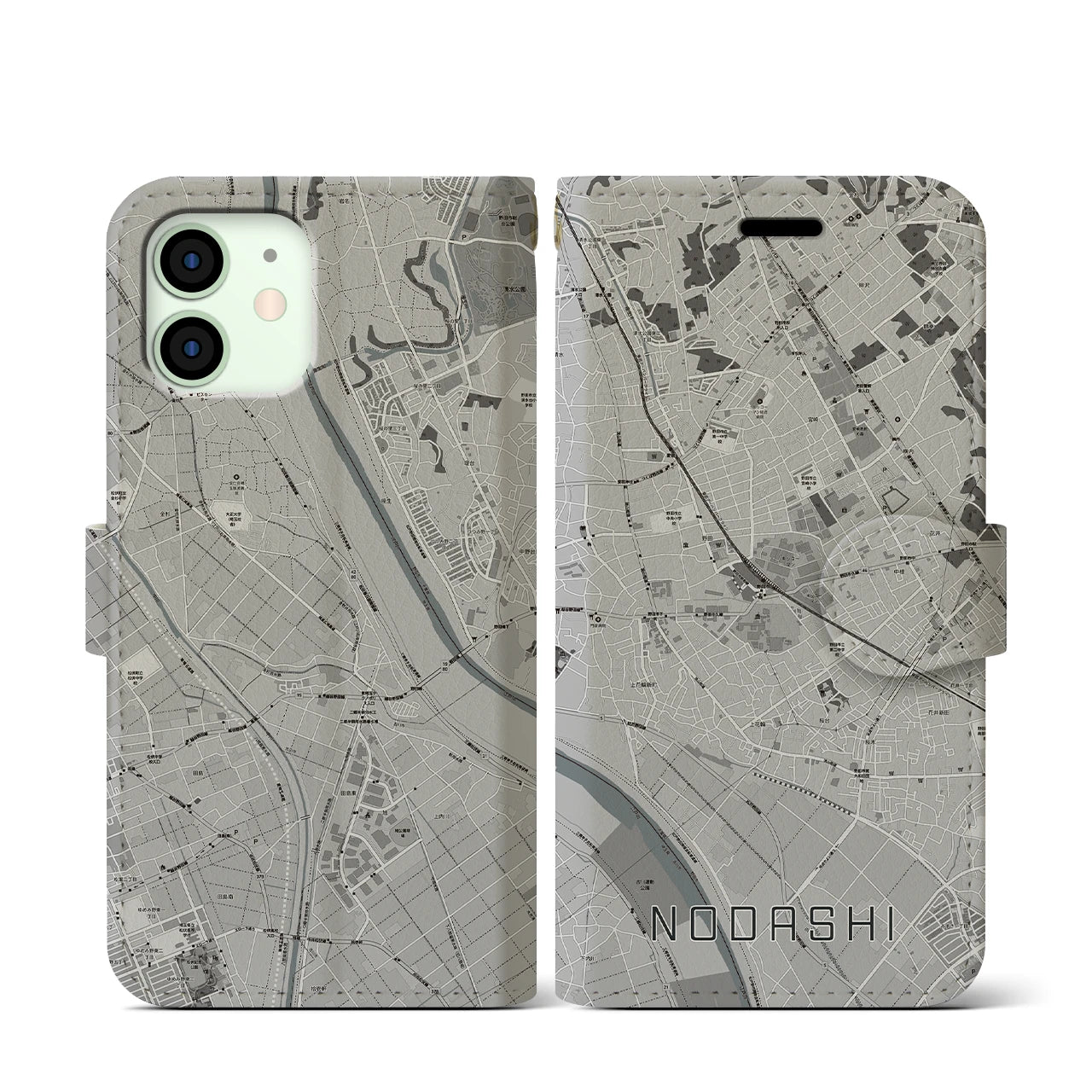 【野田市(千葉県)】地図柄iPhoneケース(手帳タイプ)モノトーン・iPhone 12 mini 用