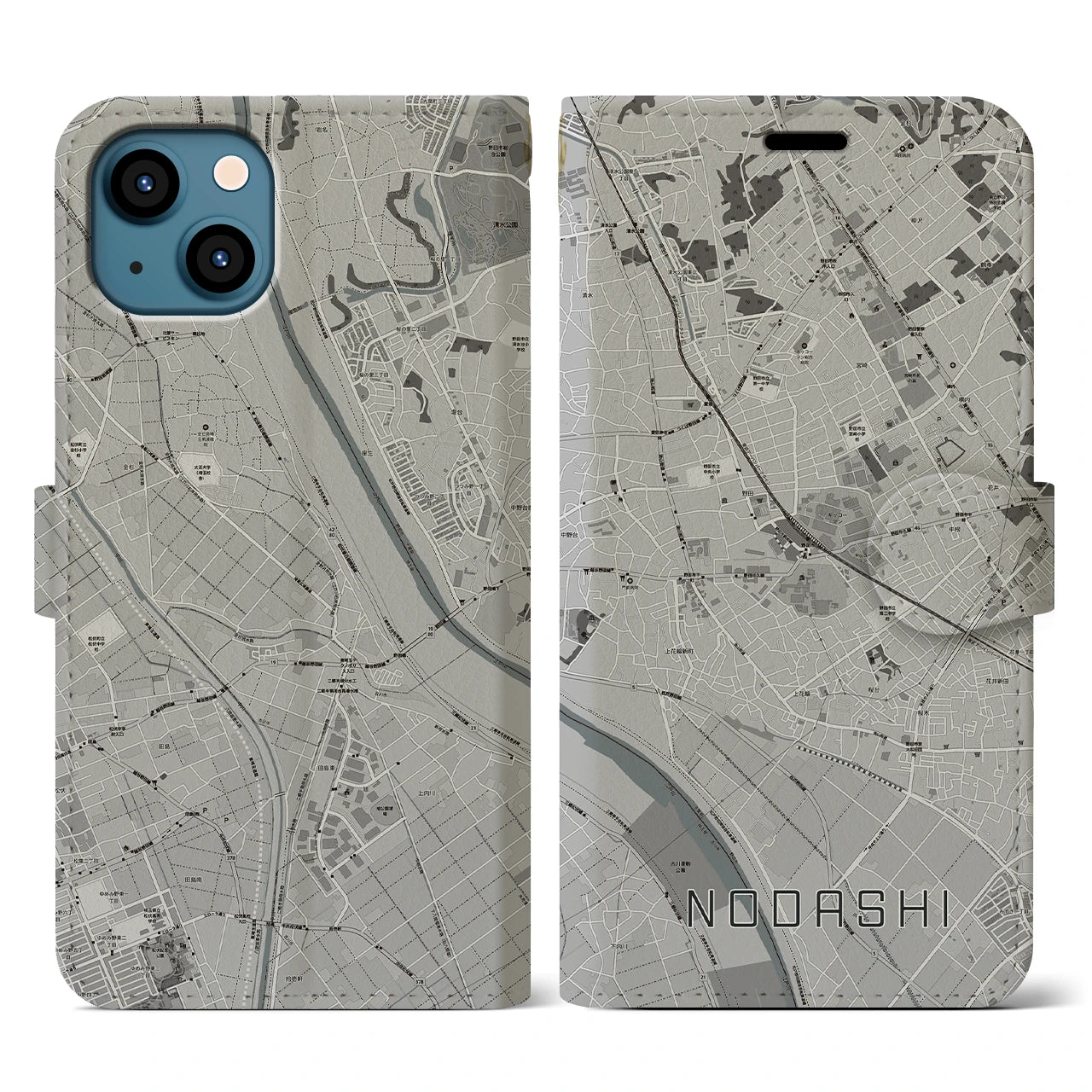 【野田市(千葉県)】地図柄iPhoneケース(手帳タイプ)モノトーン・iPhone 13 用