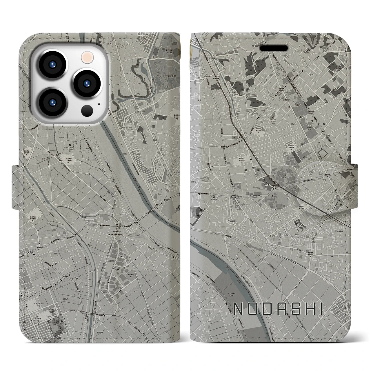 【野田市(千葉県)】地図柄iPhoneケース(手帳タイプ)モノトーン・iPhone 13 Pro 用