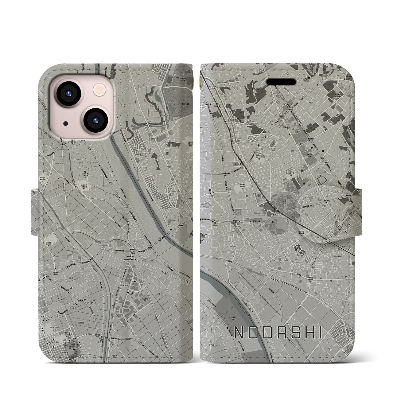 【野田市(千葉県)】地図柄iPhoneケース(手帳タイプ)モノトーン・iPhone 13 mini 用