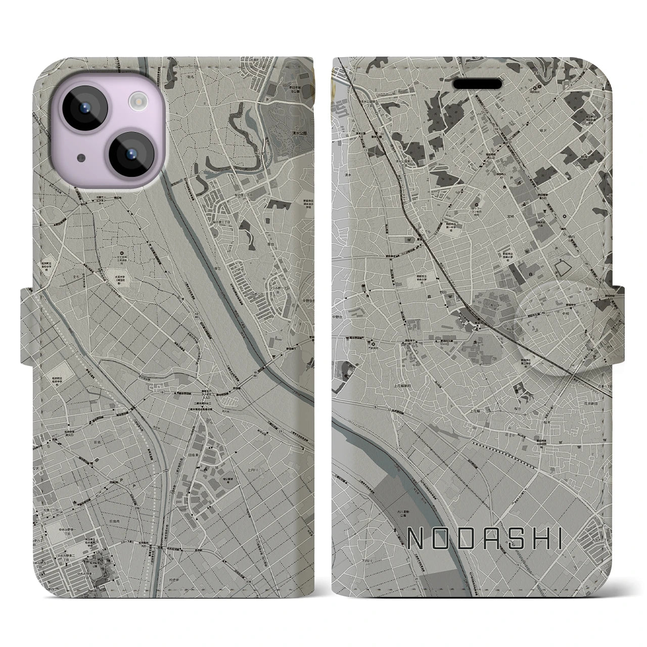 【野田市(千葉県)】地図柄iPhoneケース(手帳タイプ)モノトーン・iPhone 14 用
