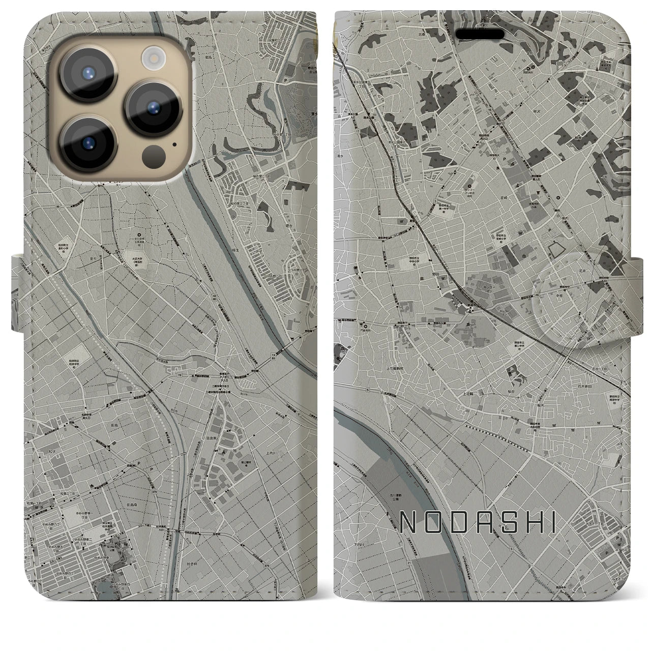 【野田市(千葉県)】地図柄iPhoneケース(手帳タイプ)モノトーン・iPhone 14 Pro Max 用