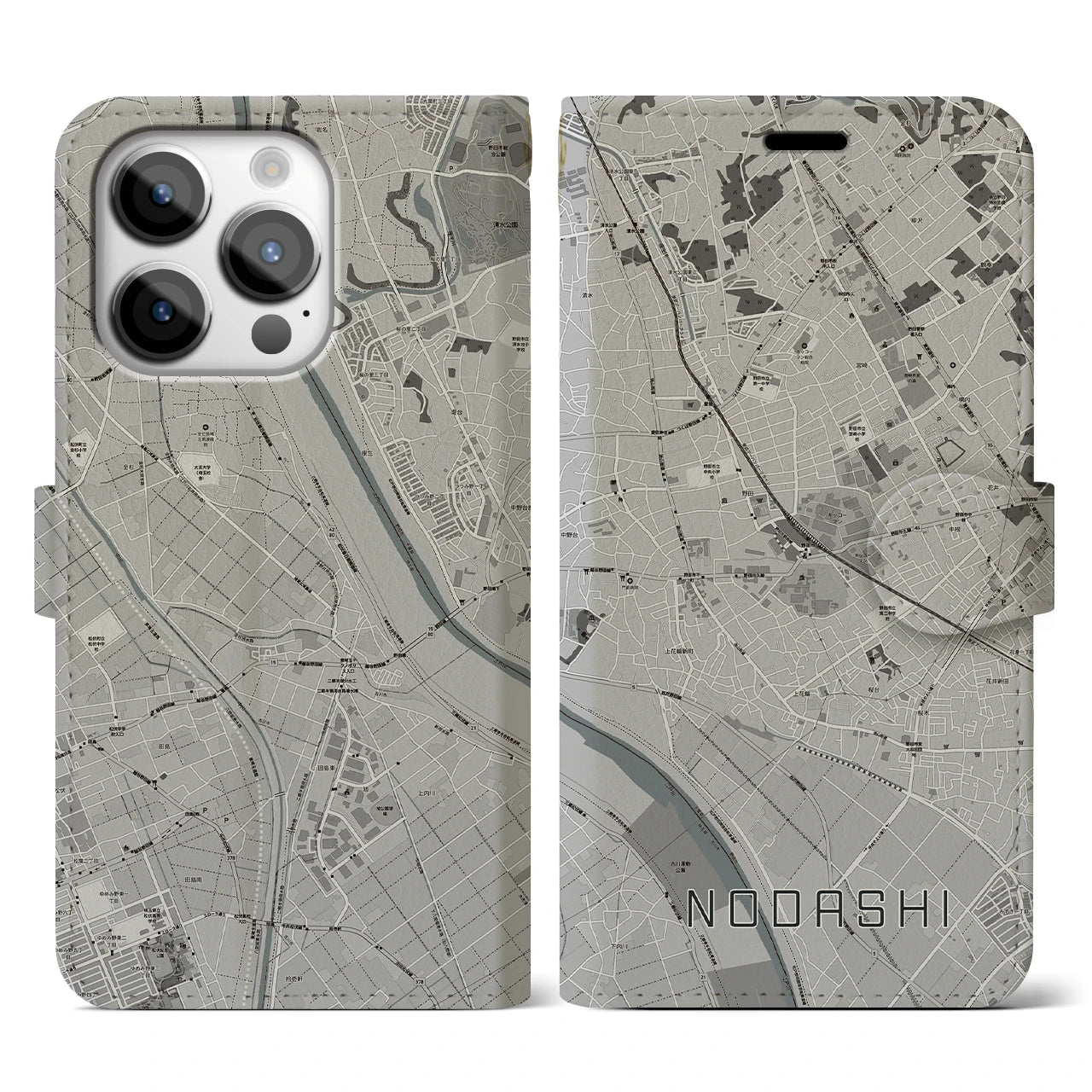 【野田市(千葉県)】地図柄iPhoneケース(手帳タイプ)モノトーン・iPhone 14 Pro 用
