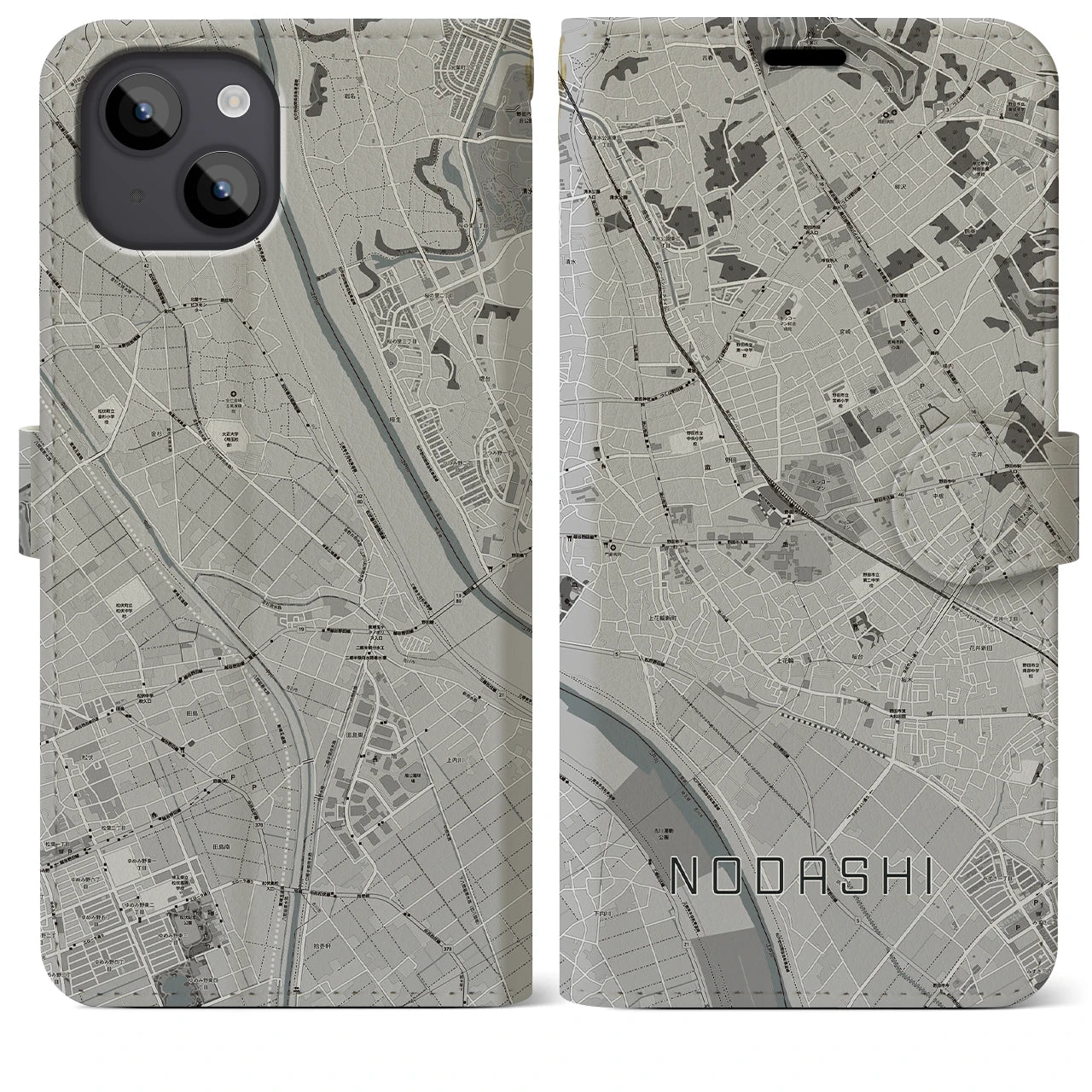 【野田市(千葉県)】地図柄iPhoneケース(手帳タイプ)モノトーン・iPhone 14 Plus 用