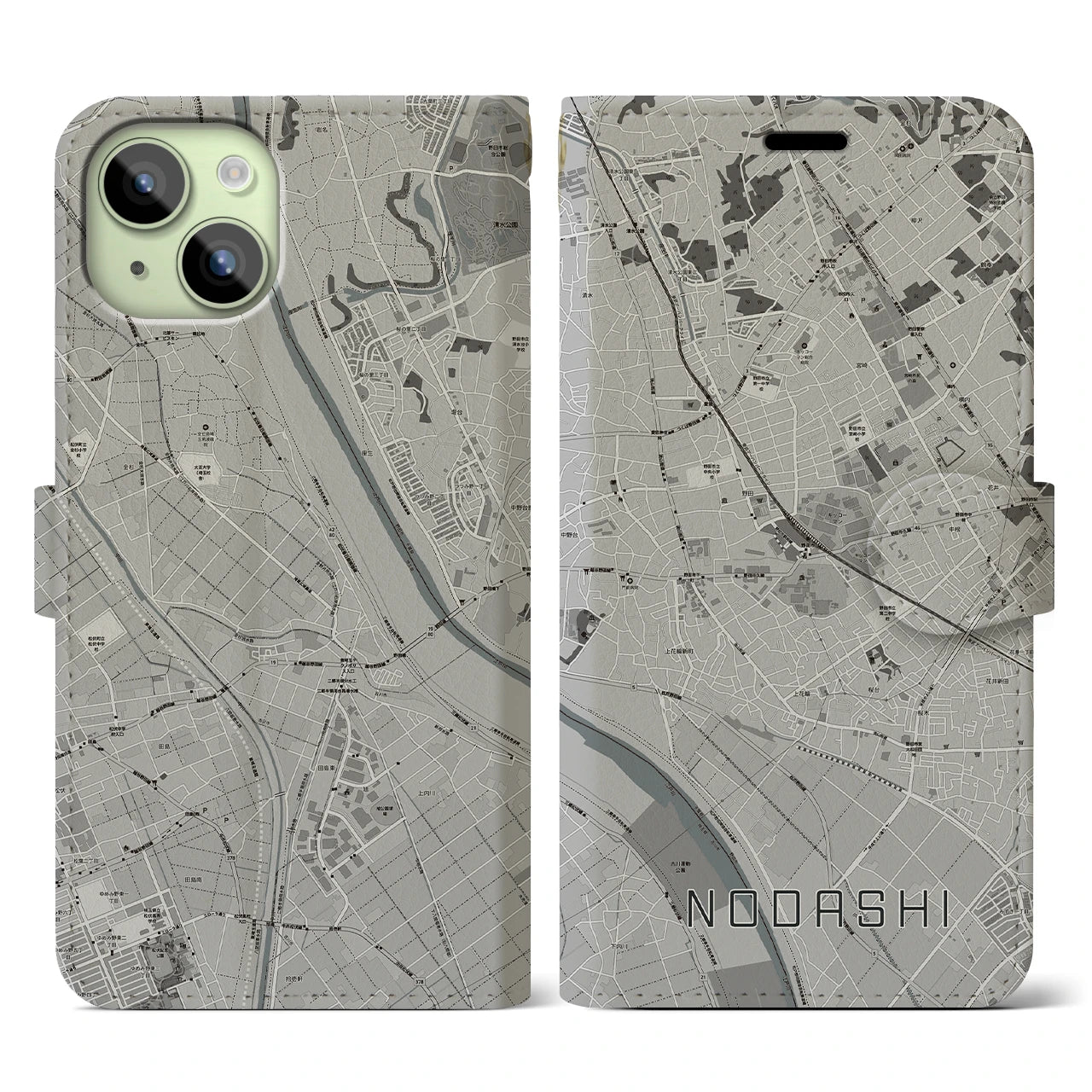 【野田市(千葉県)】地図柄iPhoneケース(手帳タイプ)モノトーン・iPhone 15 用