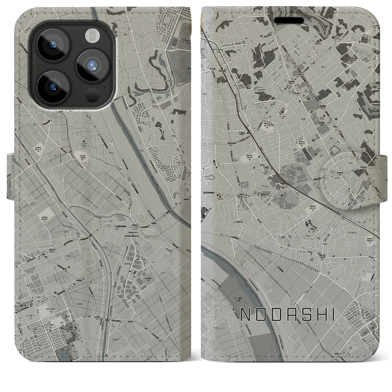 【野田市(千葉県)】地図柄iPhoneケース(手帳タイプ)モノトーン・iPhone 15 Pro Max 用
