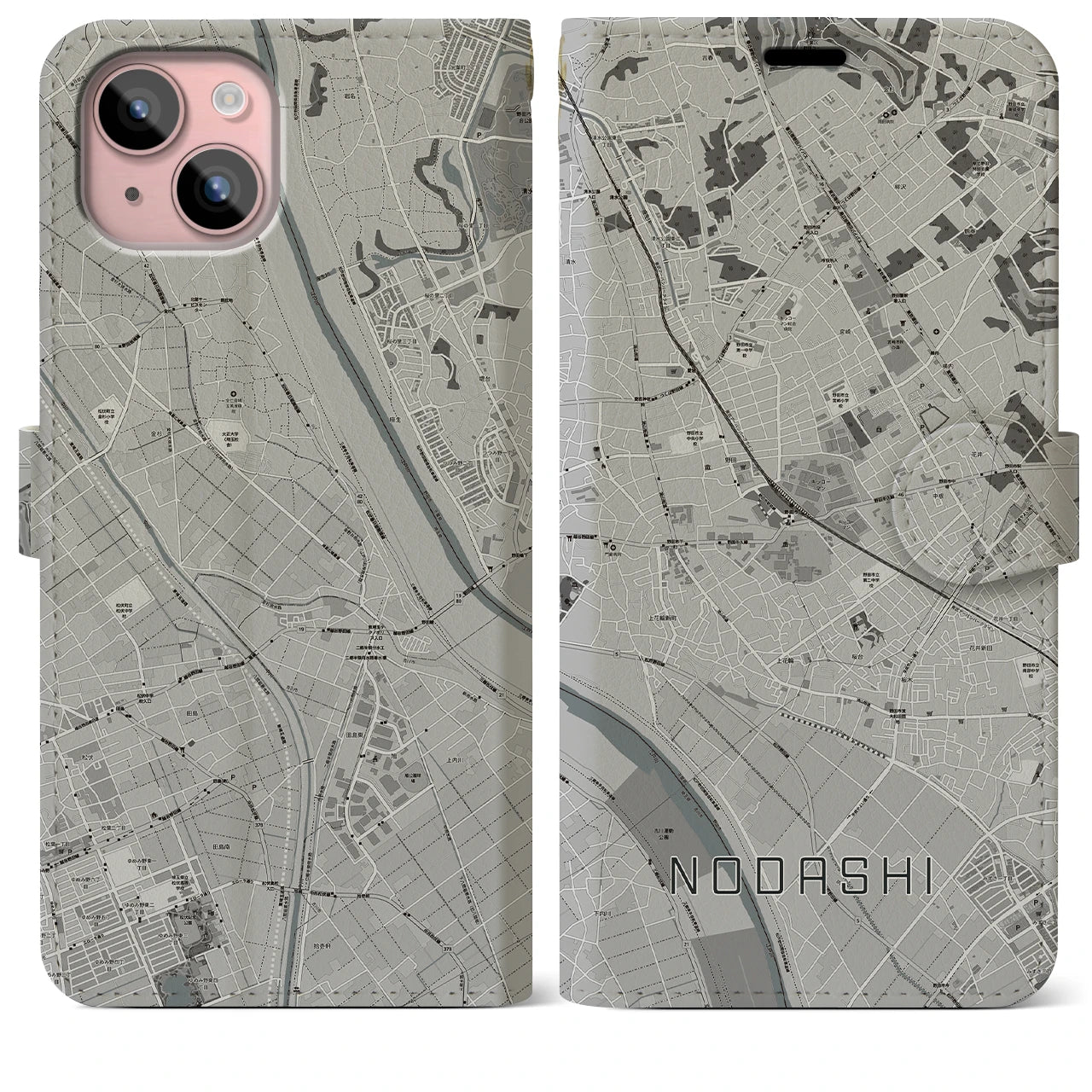 【野田市(千葉県)】地図柄iPhoneケース(手帳タイプ)モノトーン・iPhone 15 Plus 用