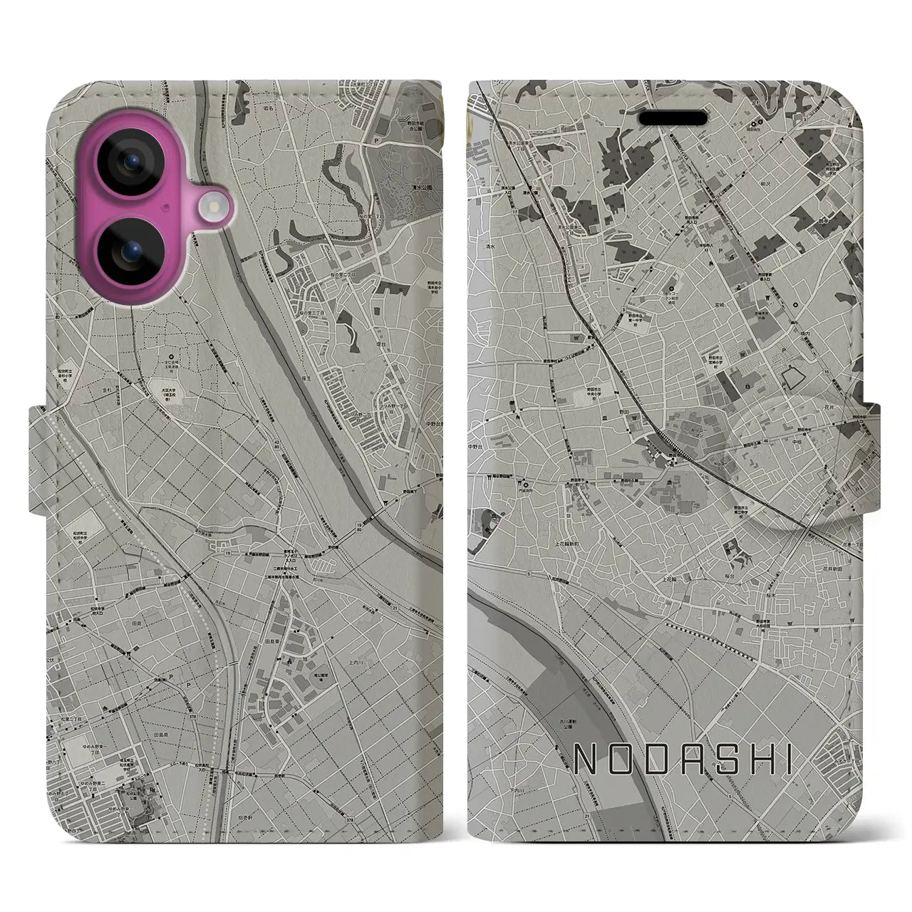 【野田市(千葉県)】地図柄iPhoneケース(手帳タイプ)モノトーン・iPhone 16 Pro 用