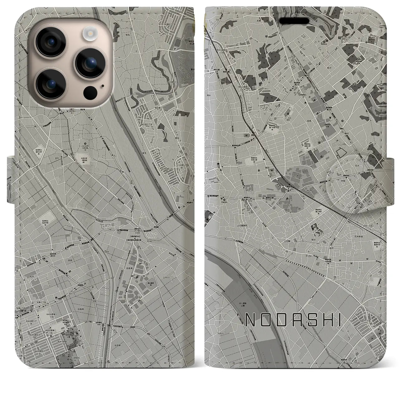 【野田市(千葉県)】地図柄iPhoneケース(手帳タイプ)モノトーン・iPhone 16 Plus 用