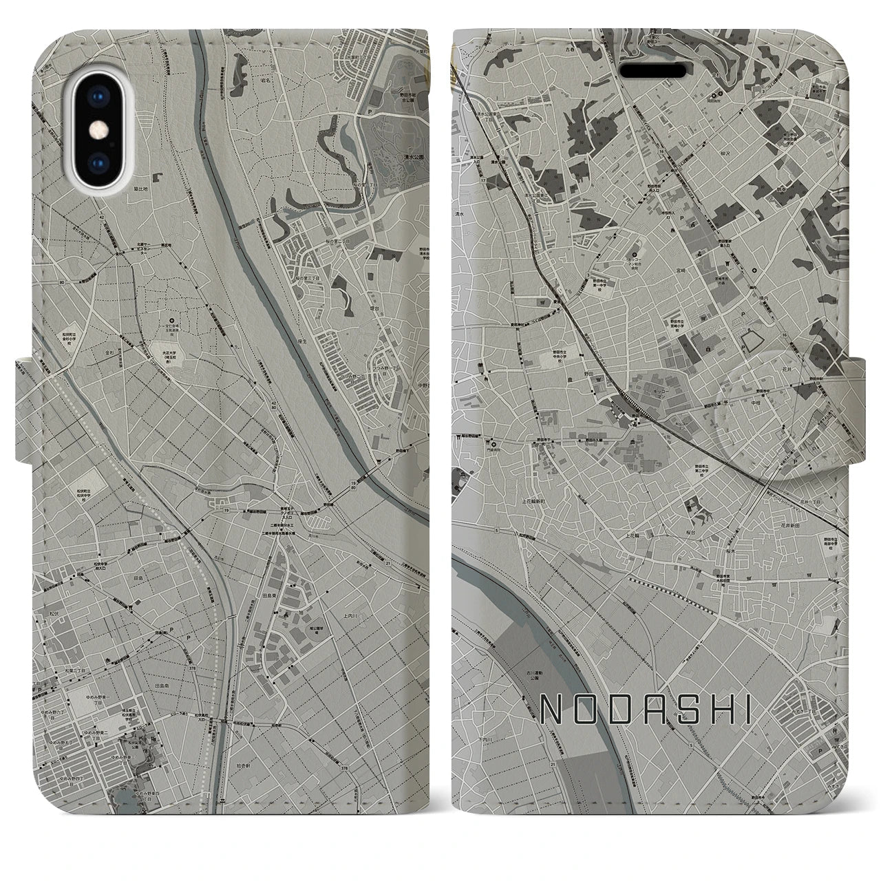【野田市(千葉県)】地図柄iPhoneケース(手帳タイプ)モノトーン・iPhone XS Max 用
