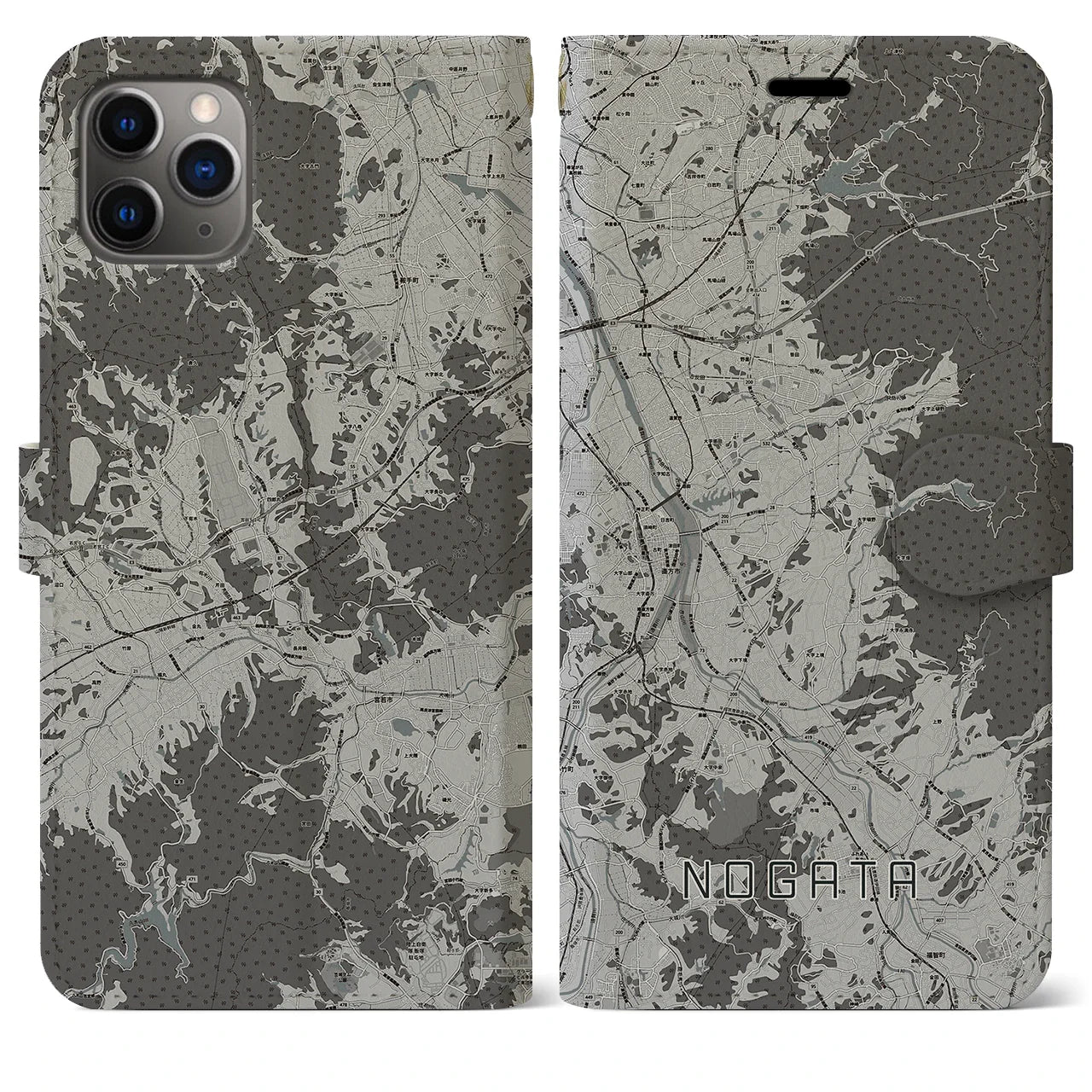 【直方(福岡県)】地図柄iPhoneケース(手帳タイプ)モノトーン・iPhone 11 Pro Max 用
