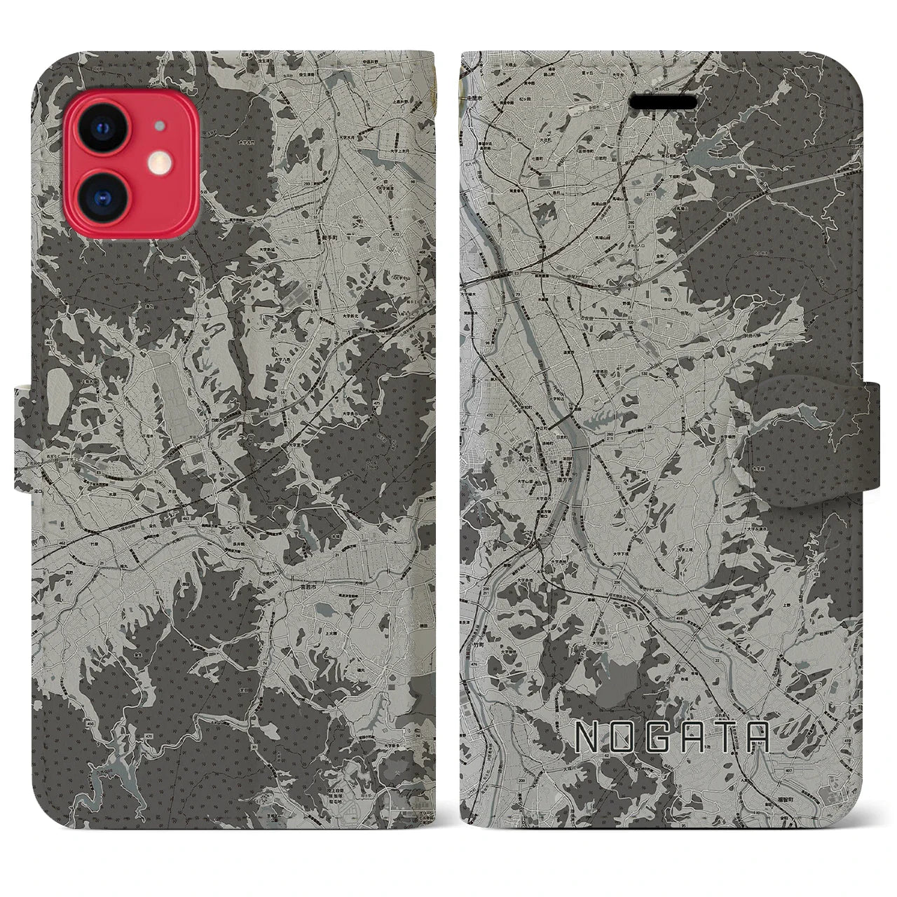【直方(福岡県)】地図柄iPhoneケース(手帳タイプ)モノトーン・iPhone 11 用