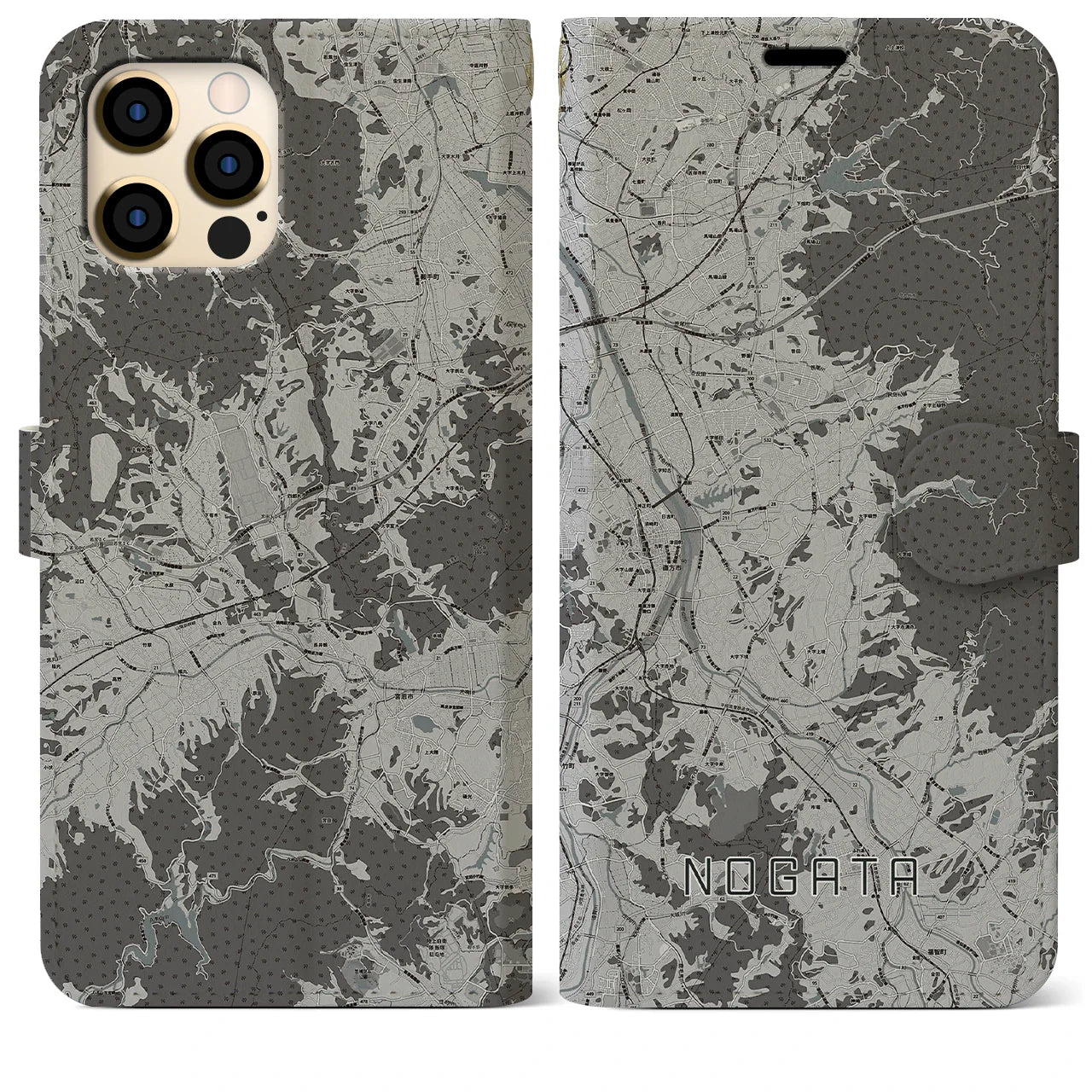 【直方(福岡県)】地図柄iPhoneケース(手帳タイプ)モノトーン・iPhone 12 Pro Max 用
