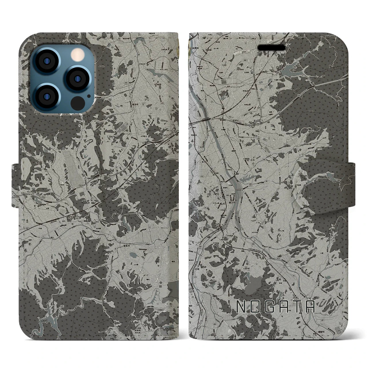 【直方(福岡県)】地図柄iPhoneケース(手帳タイプ)モノトーン・iPhone 12 / 12 Pro 用