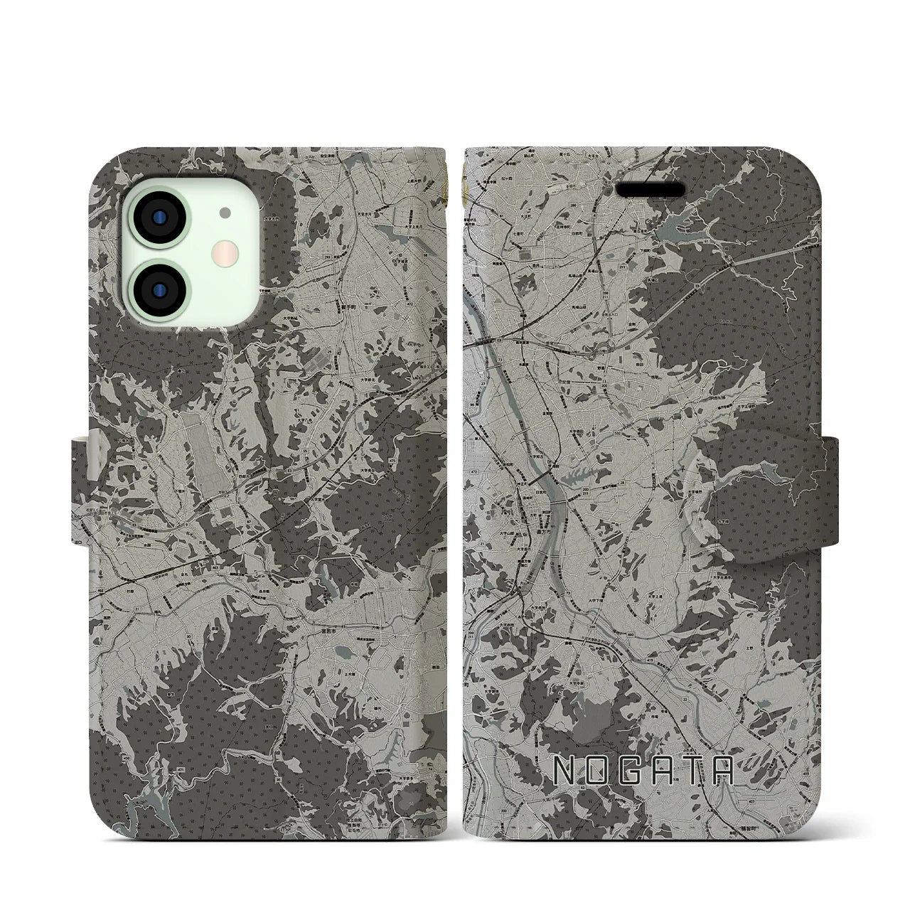 【直方(福岡県)】地図柄iPhoneケース(手帳タイプ)モノトーン・iPhone 12 mini 用