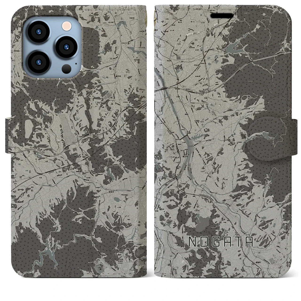 【直方(福岡県)】地図柄iPhoneケース(手帳タイプ)モノトーン・iPhone 13 Pro Max 用