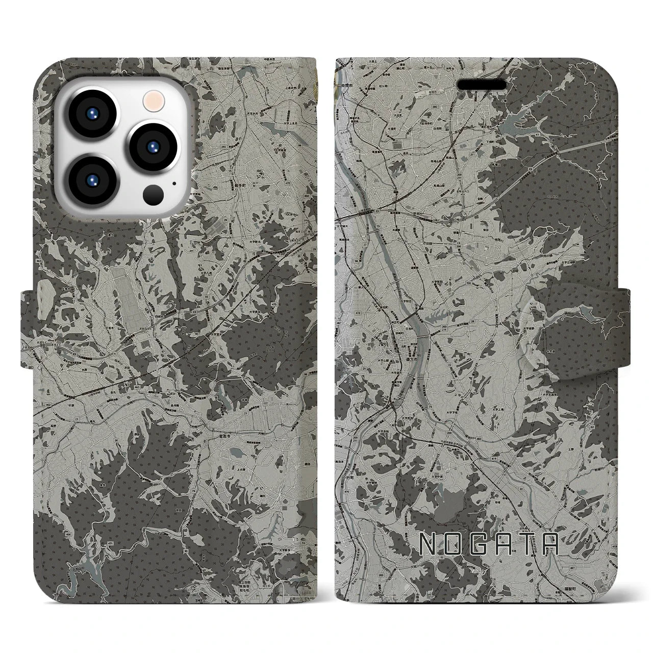 【直方(福岡県)】地図柄iPhoneケース(手帳タイプ)モノトーン・iPhone 13 Pro 用