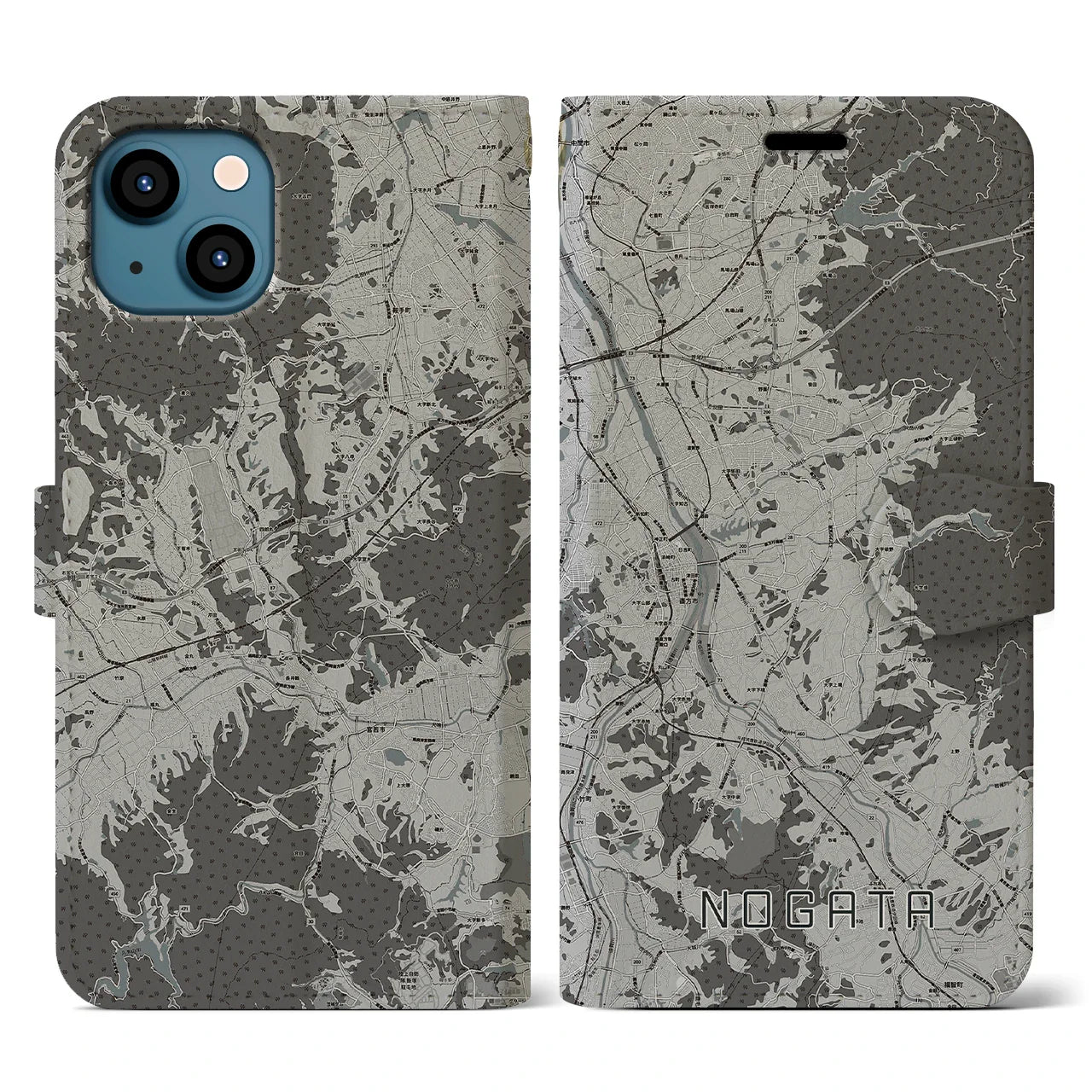 【直方(福岡県)】地図柄iPhoneケース(手帳タイプ)モノトーン・iPhone 13 用