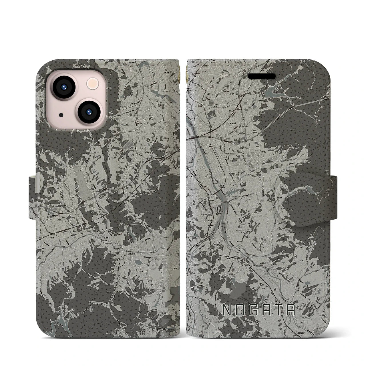 【直方(福岡県)】地図柄iPhoneケース(手帳タイプ)モノトーン・iPhone 13 mini 用