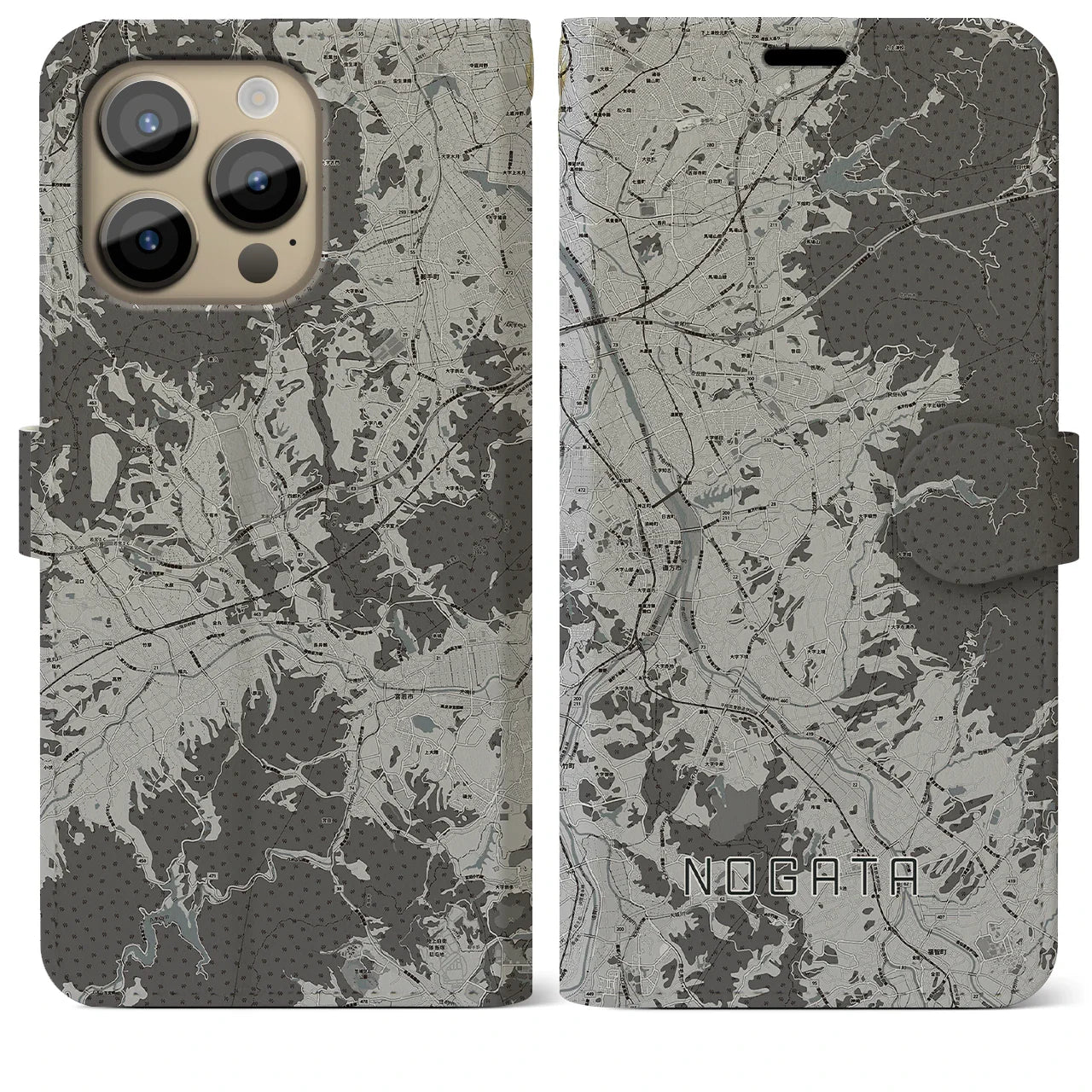 【直方(福岡県)】地図柄iPhoneケース(手帳タイプ)モノトーン・iPhone 14 Pro Max 用