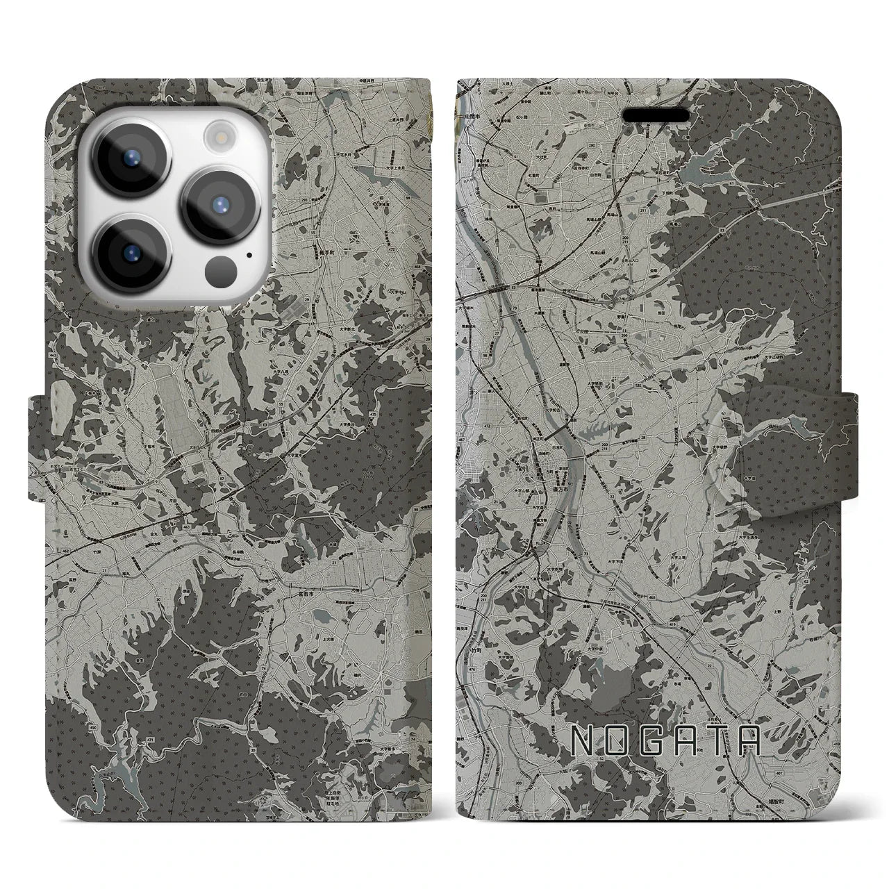 【直方(福岡県)】地図柄iPhoneケース(手帳タイプ)モノトーン・iPhone 14 Pro 用