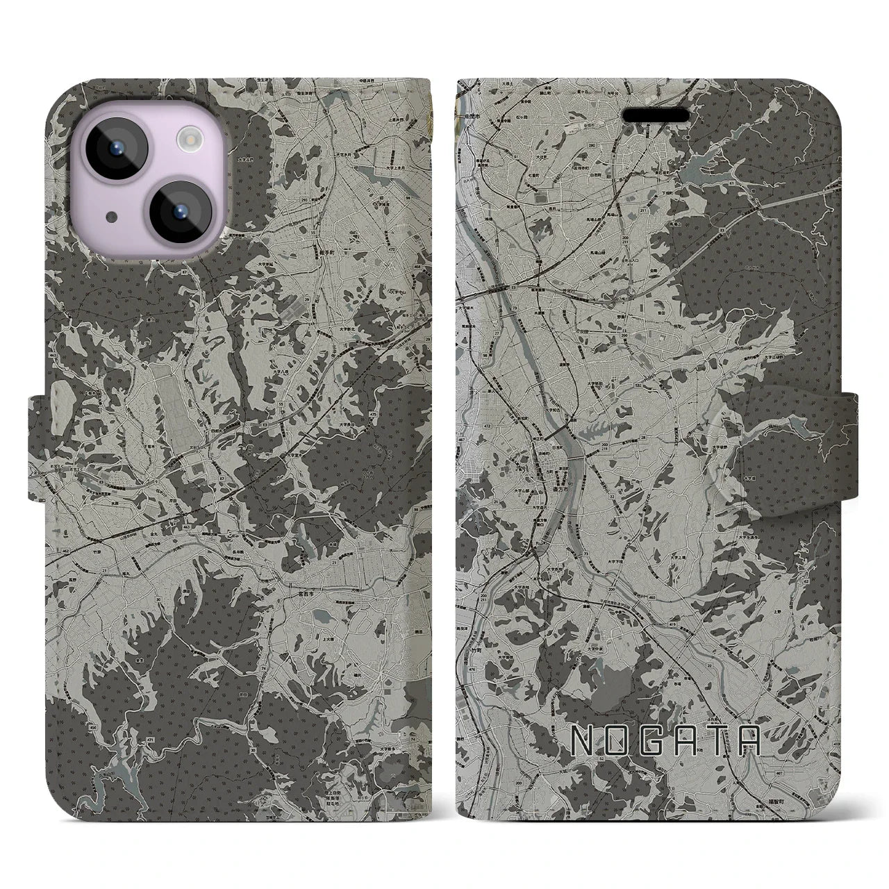 【直方(福岡県)】地図柄iPhoneケース(手帳タイプ)モノトーン・iPhone 14 用