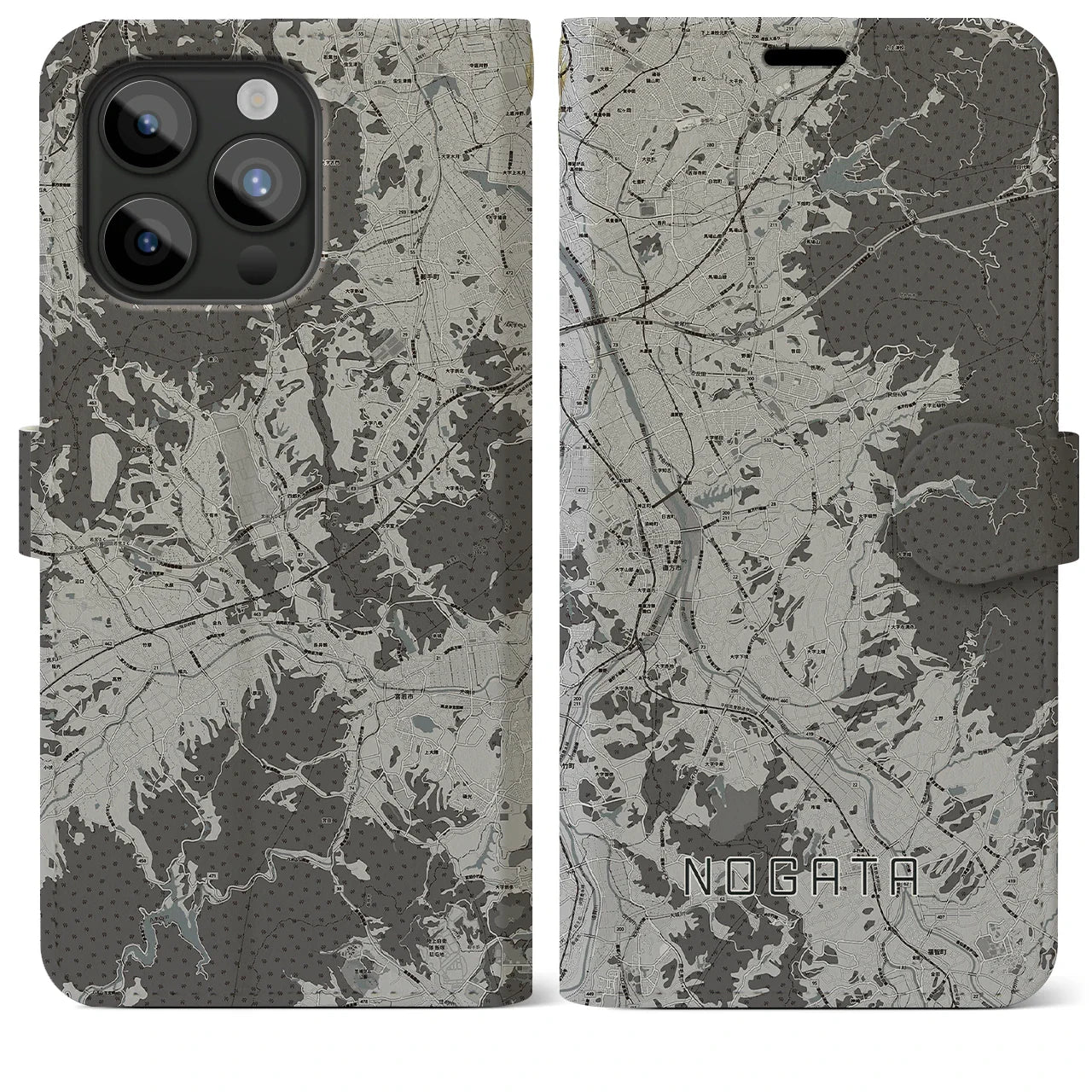 【直方(福岡県)】地図柄iPhoneケース(手帳タイプ)モノトーン・iPhone 15 Pro Max 用