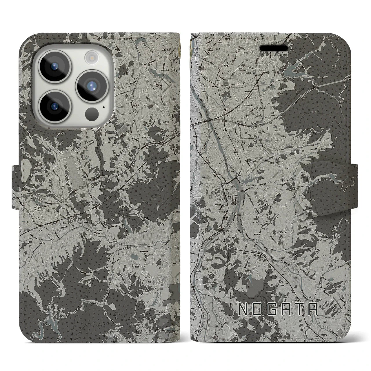 【直方(福岡県)】地図柄iPhoneケース(手帳タイプ)モノトーン・iPhone 15 Pro 用