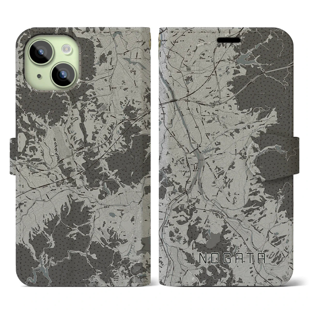 【直方(福岡県)】地図柄iPhoneケース(手帳タイプ)モノトーン・iPhone 15 用