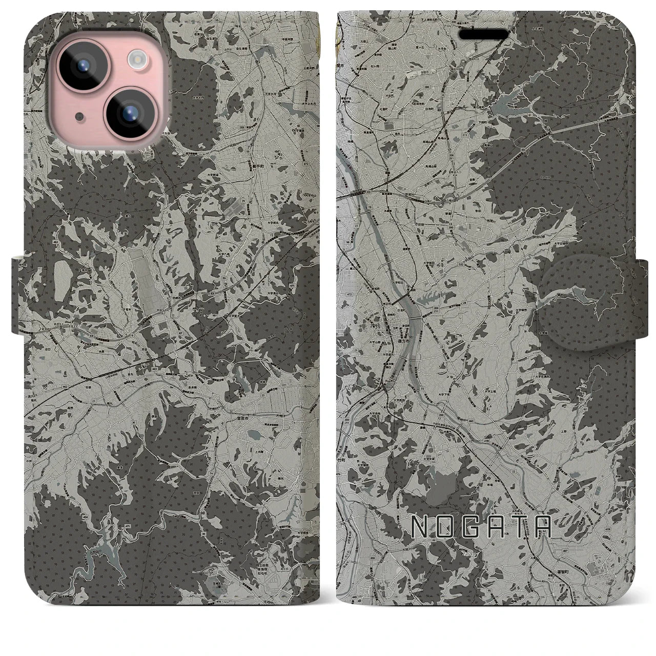 【直方(福岡県)】地図柄iPhoneケース(手帳タイプ)モノトーン・iPhone 15 Plus 用