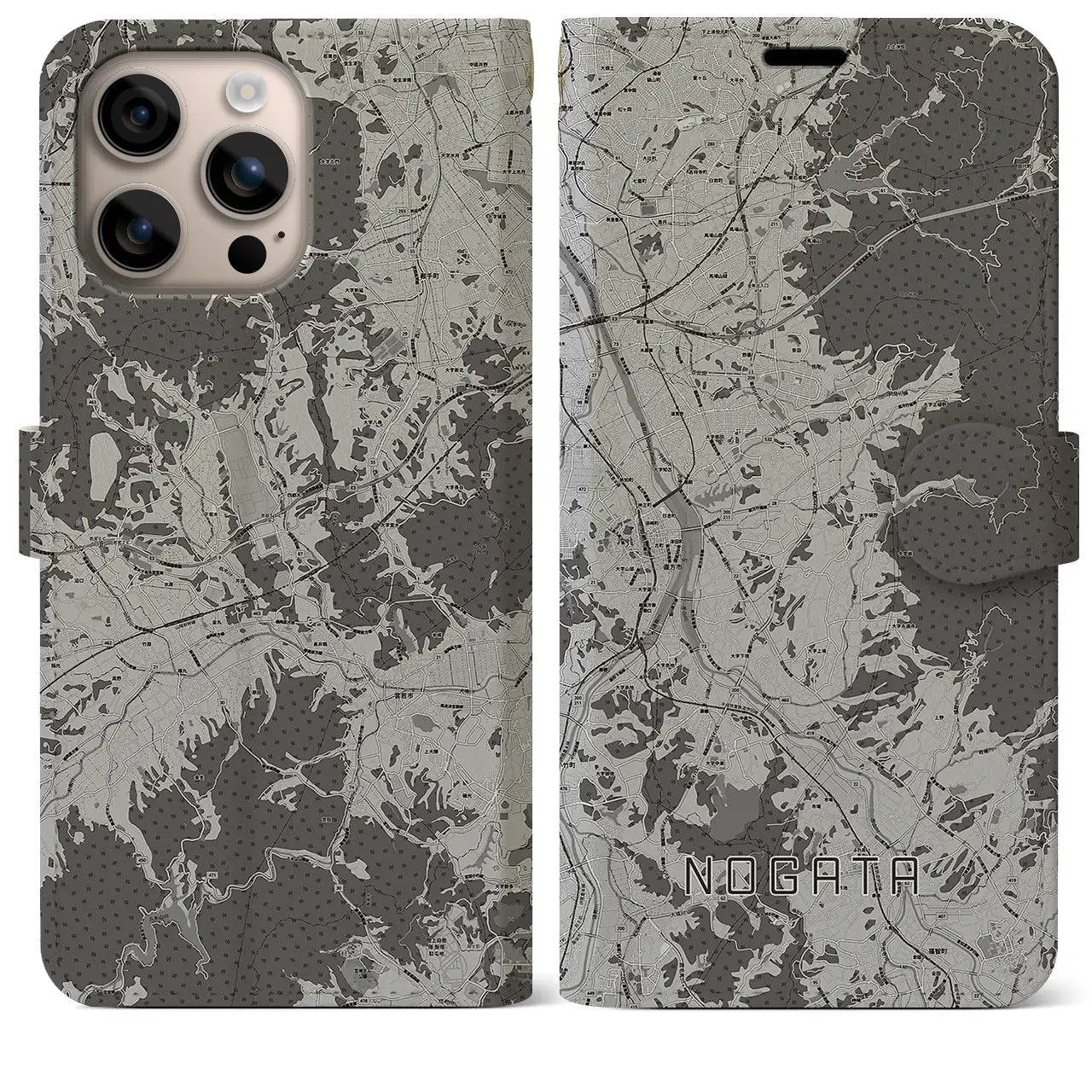【直方(福岡県)】地図柄iPhoneケース(手帳タイプ)モノトーン・iPhone 16 Plus 用
