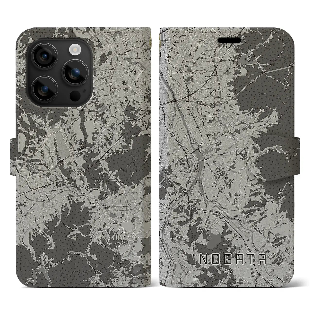 【直方(福岡県)】地図柄iPhoneケース(手帳タイプ)モノトーン・iPhone 16 用