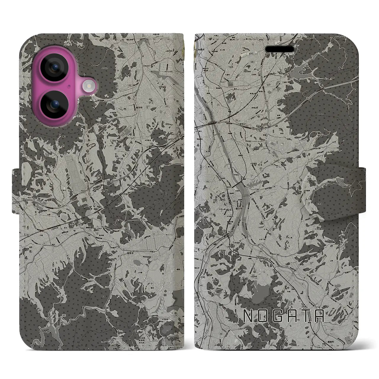 【直方(福岡県)】地図柄iPhoneケース(手帳タイプ)モノトーン・iPhone 16 Pro 用