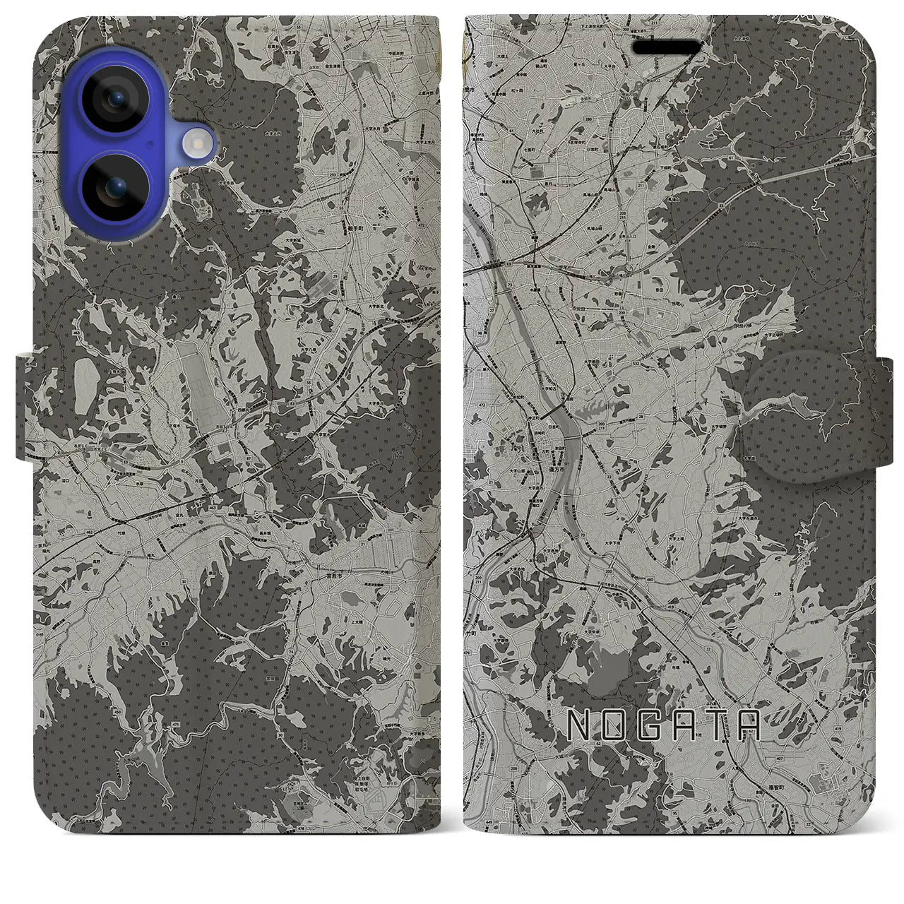【直方(福岡県)】地図柄iPhoneケース(手帳タイプ)モノトーン・iPhone 16 Pro Max 用