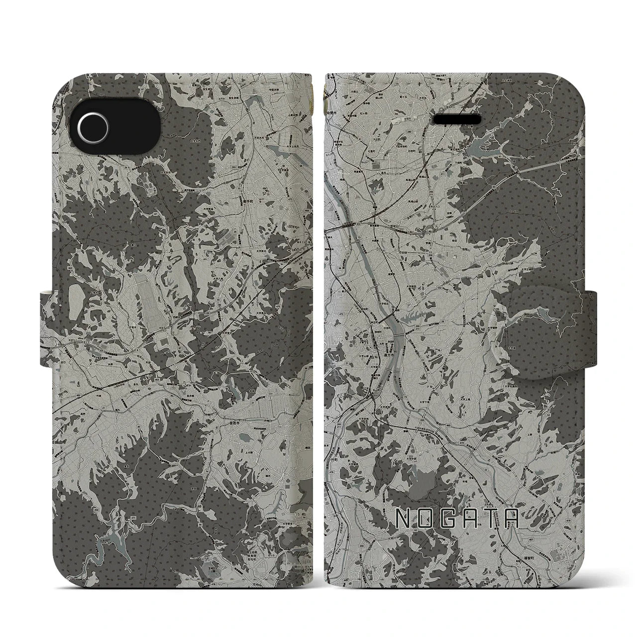 【直方(福岡県)】地図柄iPhoneケース(手帳タイプ)モノトーン・iPhone SE(第3 / 第2世代) / 8 / 7 / 6s / 6 用