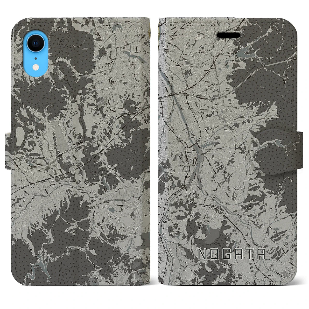 【直方(福岡県)】地図柄iPhoneケース(手帳タイプ)モノトーン・iPhone XR 用