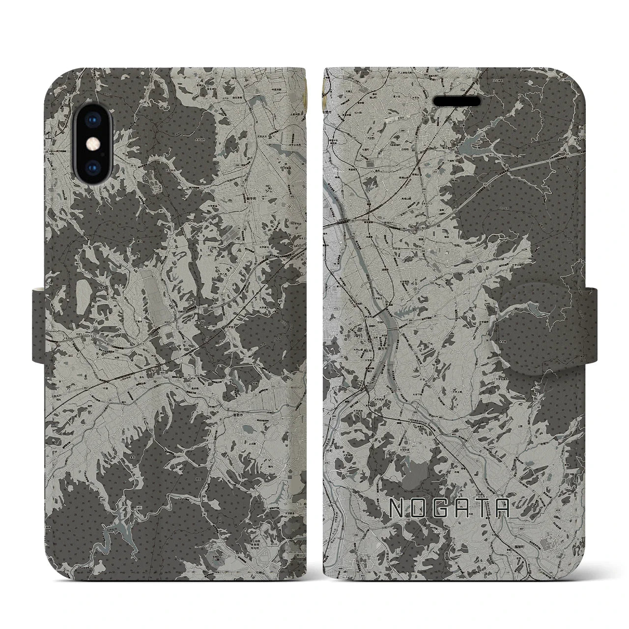 【直方(福岡県)】地図柄iPhoneケース(手帳タイプ)モノトーン・iPhone XS / X 用
