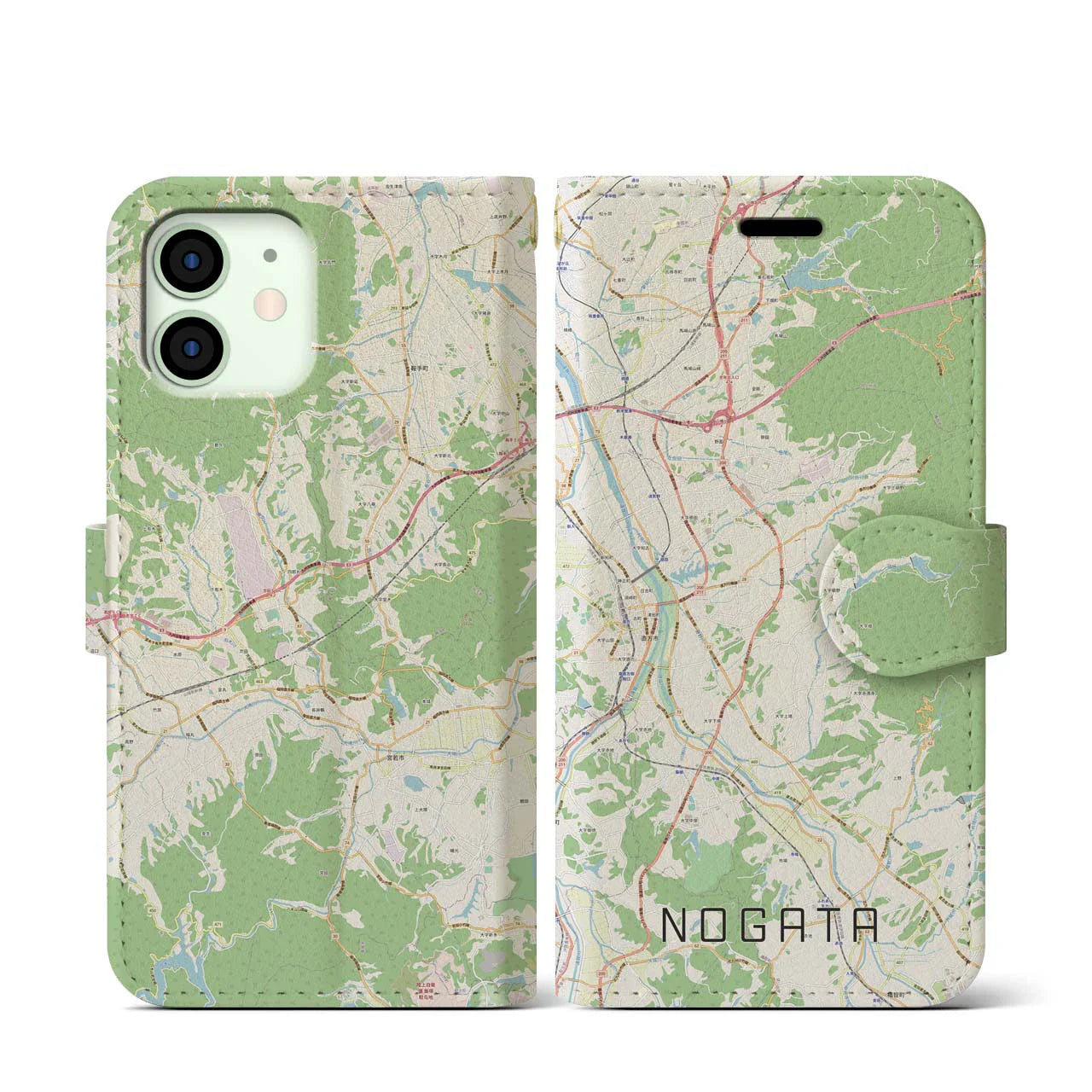 【直方(福岡県)】地図柄iPhoneケース(手帳タイプ)ナチュラル・iPhone 12 mini 用