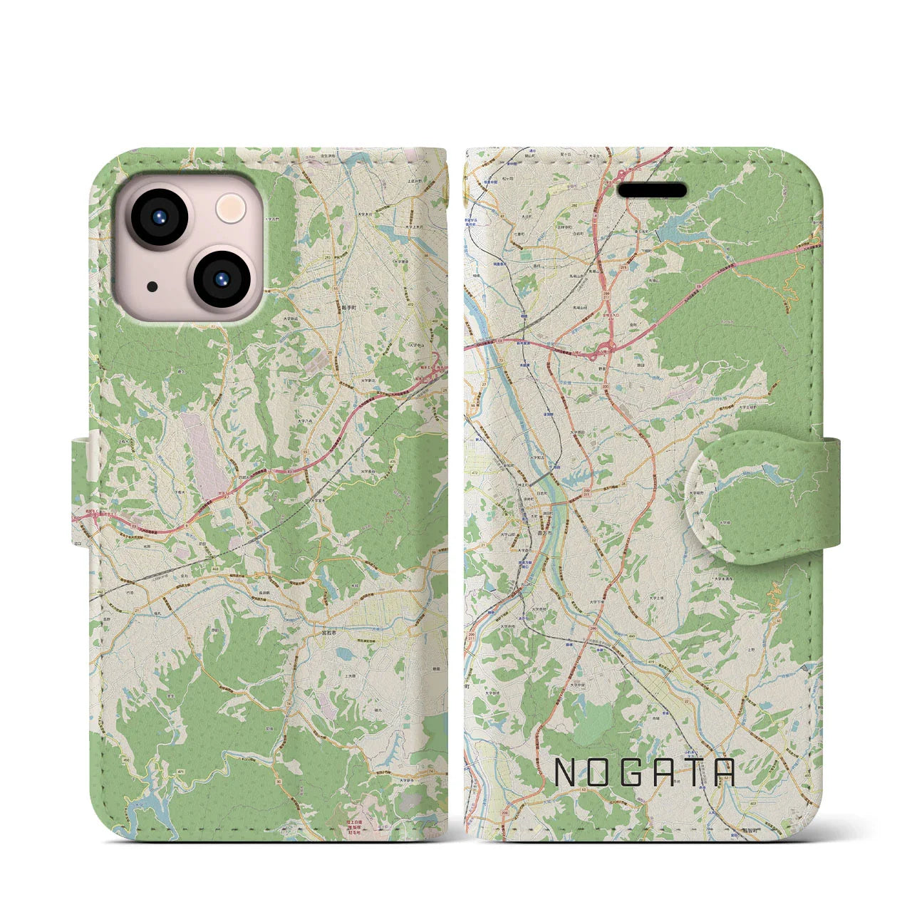【直方(福岡県)】地図柄iPhoneケース(手帳タイプ)ナチュラル・iPhone 13 mini 用