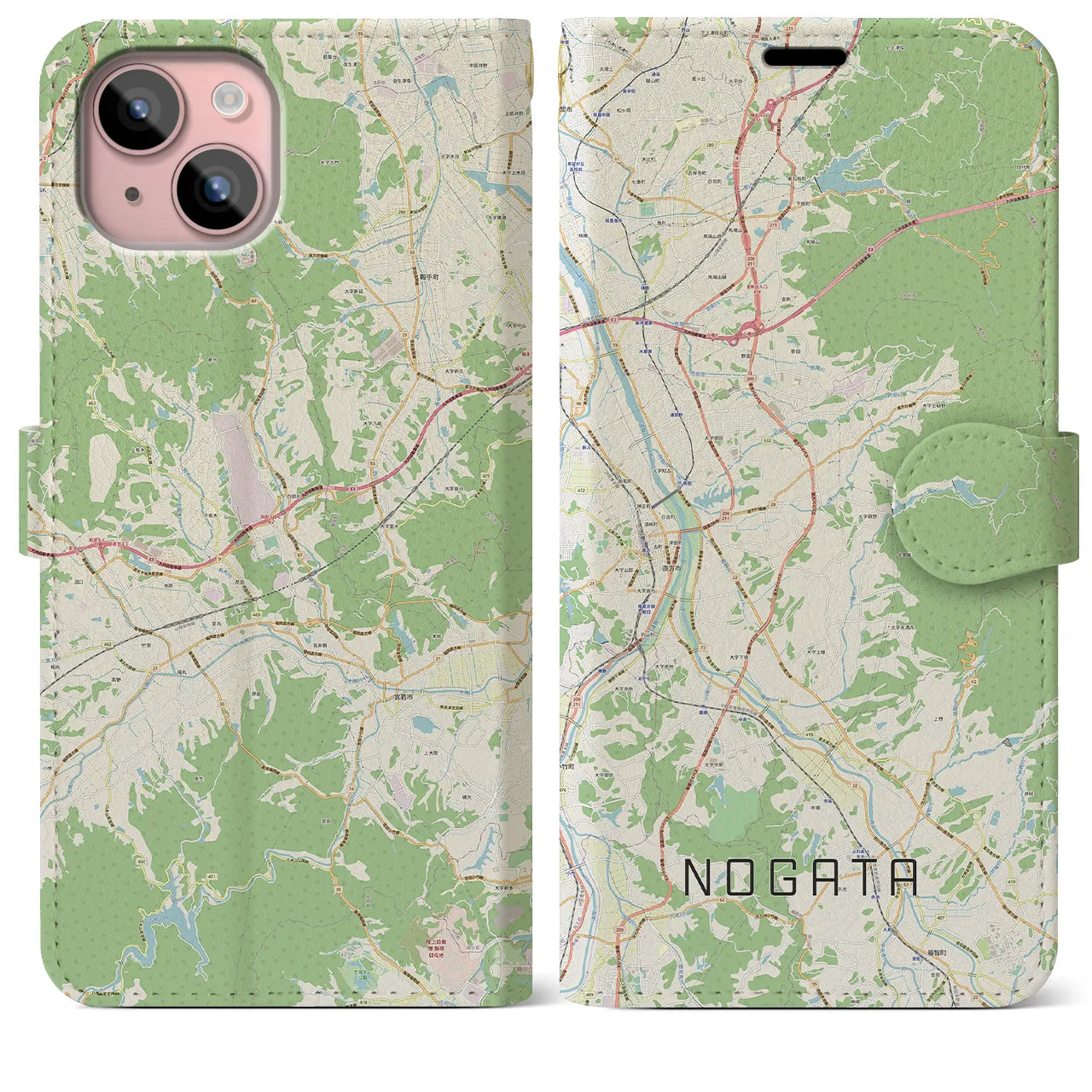【直方(福岡県)】地図柄iPhoneケース(手帳タイプ)ナチュラル・iPhone 15 Plus 用