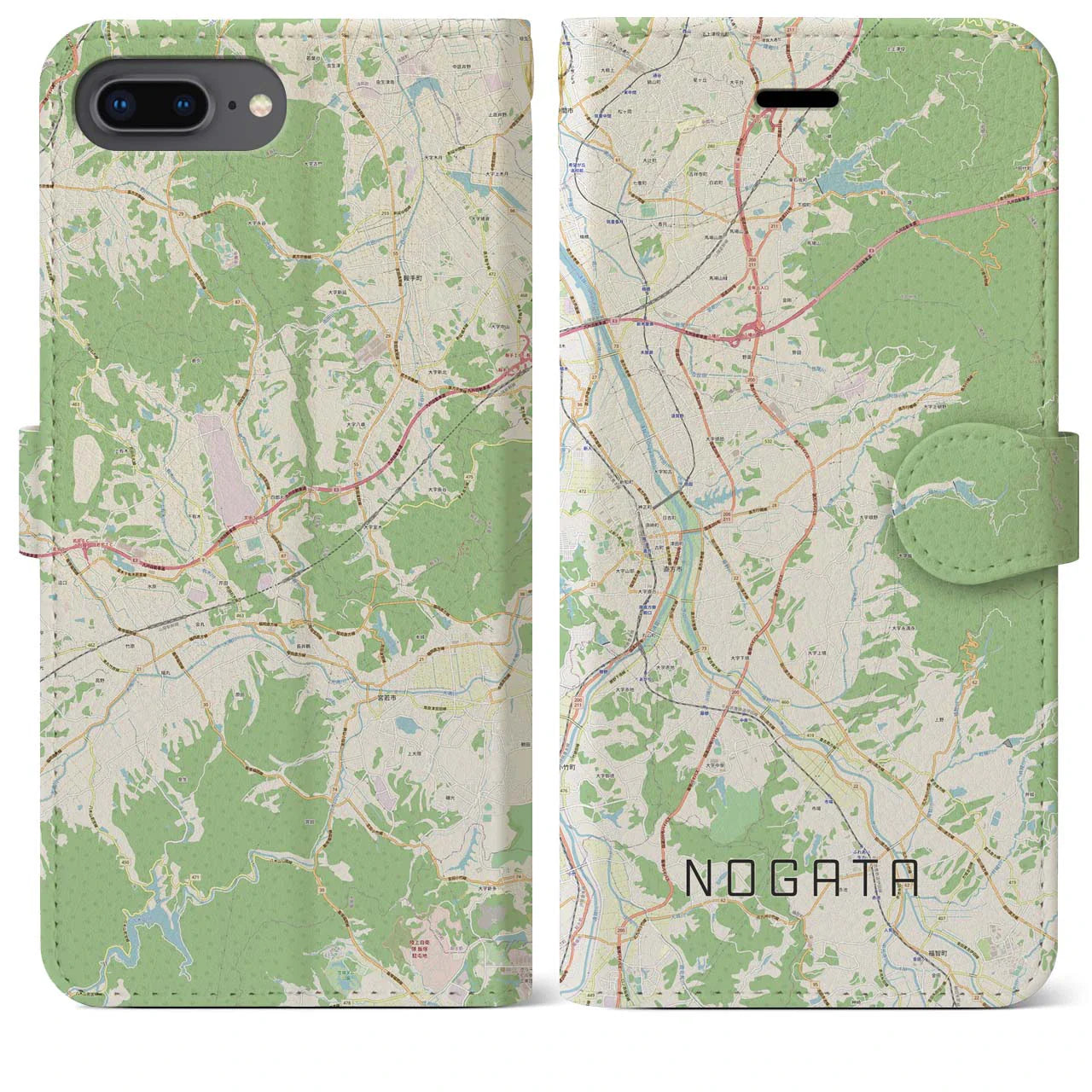 【直方(福岡県)】地図柄iPhoneケース(手帳タイプ)ナチュラル・iPhone 8Plus /7Plus / 6sPlus / 6Plus 用